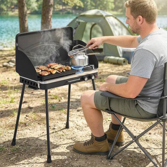 Barbecue à gaz propane portable 2 en 1 7 kW, à poser ou à poser, avec grande plaque de cuisson et pieds amovibles - Noir - Image 4