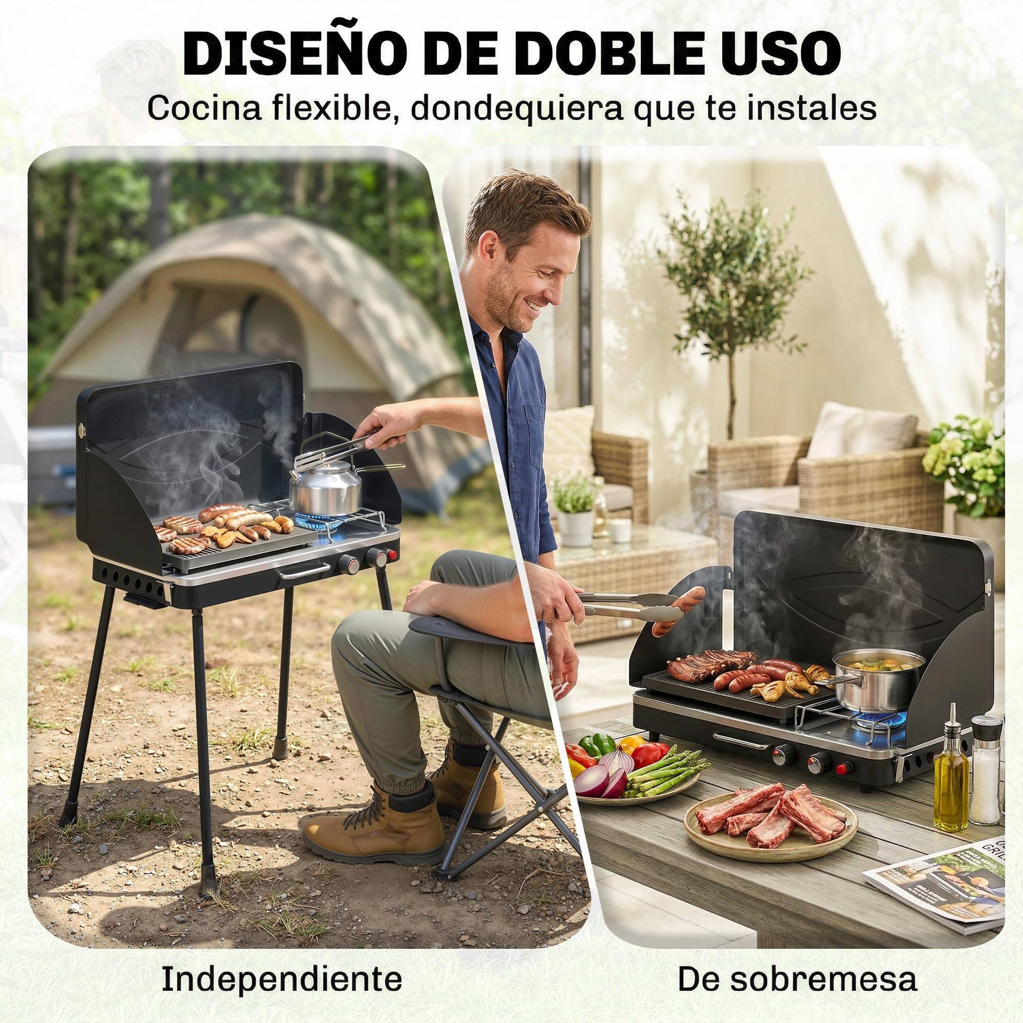 Barbecue à gaz propane portable 2 en 1 7 kW, à poser ou à poser, avec grande plaque de cuisson et pieds amovibles - Noir - Image 7