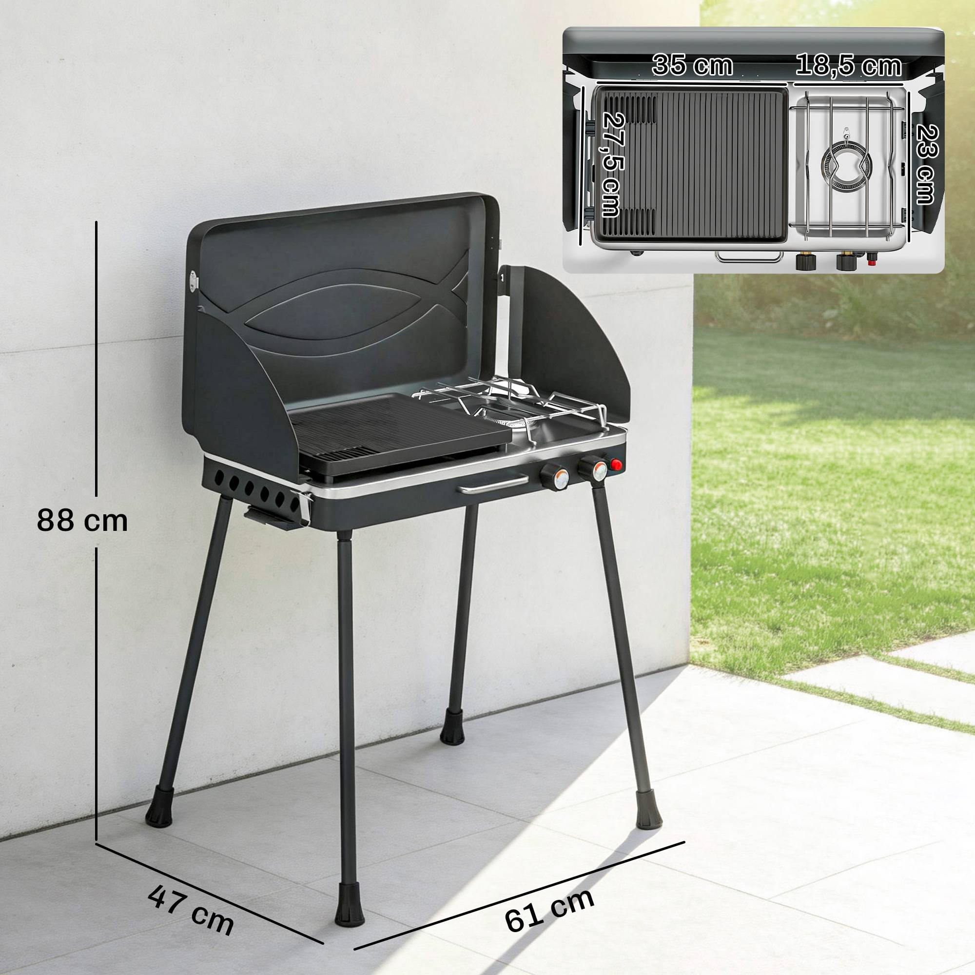 Barbecue à gaz propane portable 2 en 1 7 kW, à poser ou à poser, avec grande plaque de cuisson et pieds amovibles - Noir - Image 5