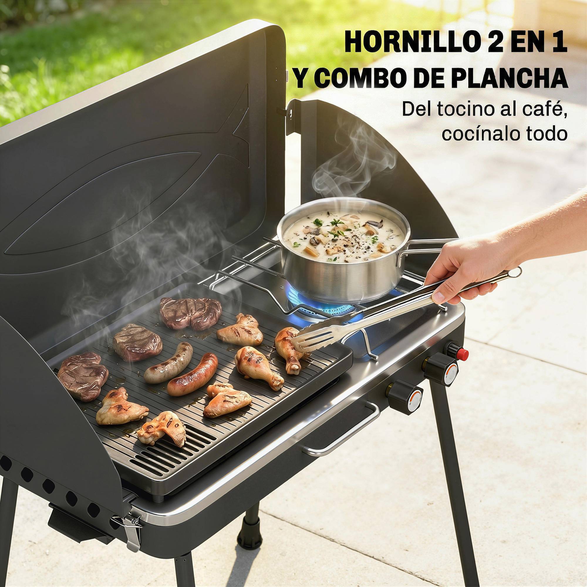 Barbecue à gaz propane portable 2 en 1 7 kW, à poser ou à poser, avec grande plaque de cuisson et pieds amovibles - Noir - Image 6