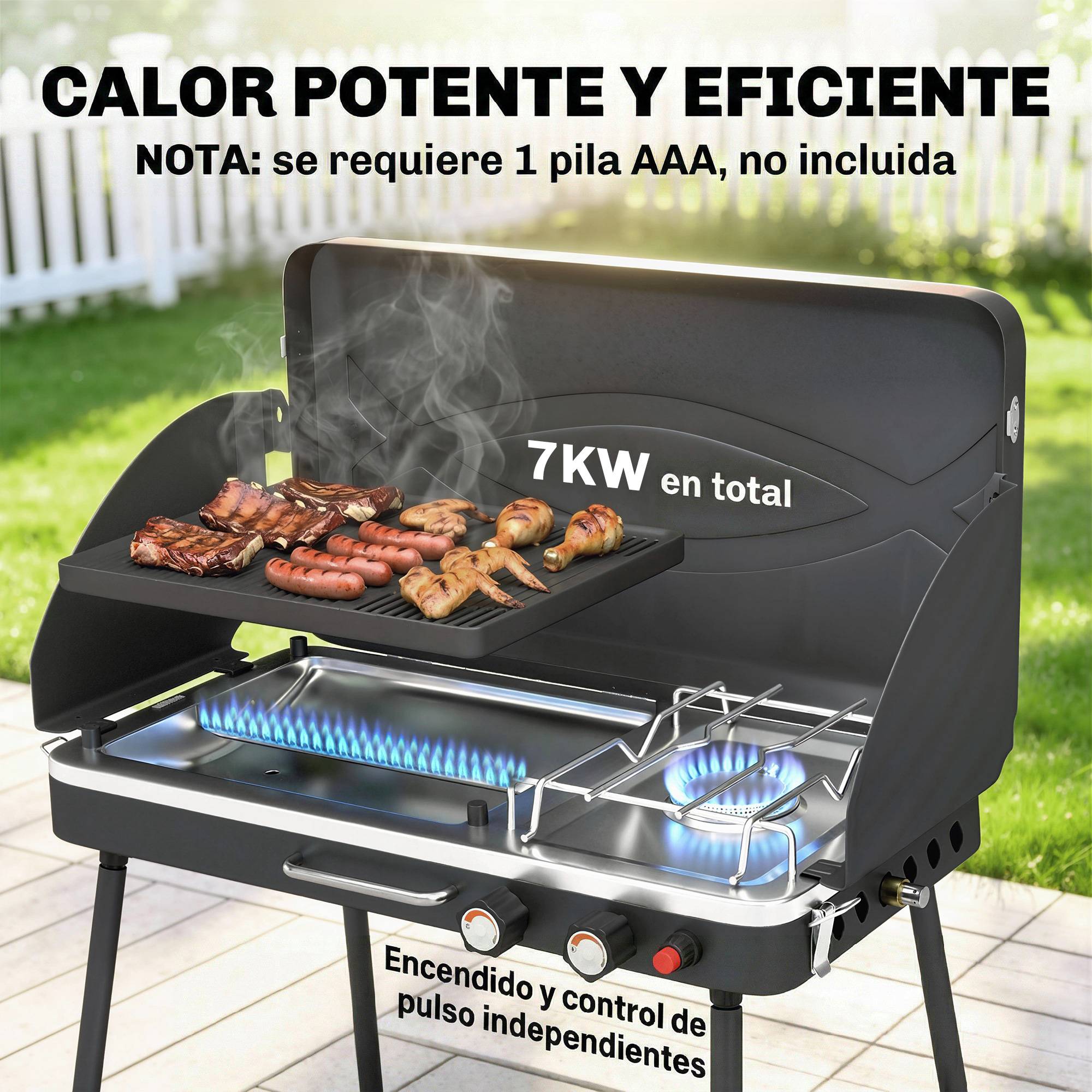 Barbecue à gaz propane portable 2 en 1 7 kW, à poser ou à poser, avec grande plaque de cuisson et pieds amovibles - Noir - Image 8