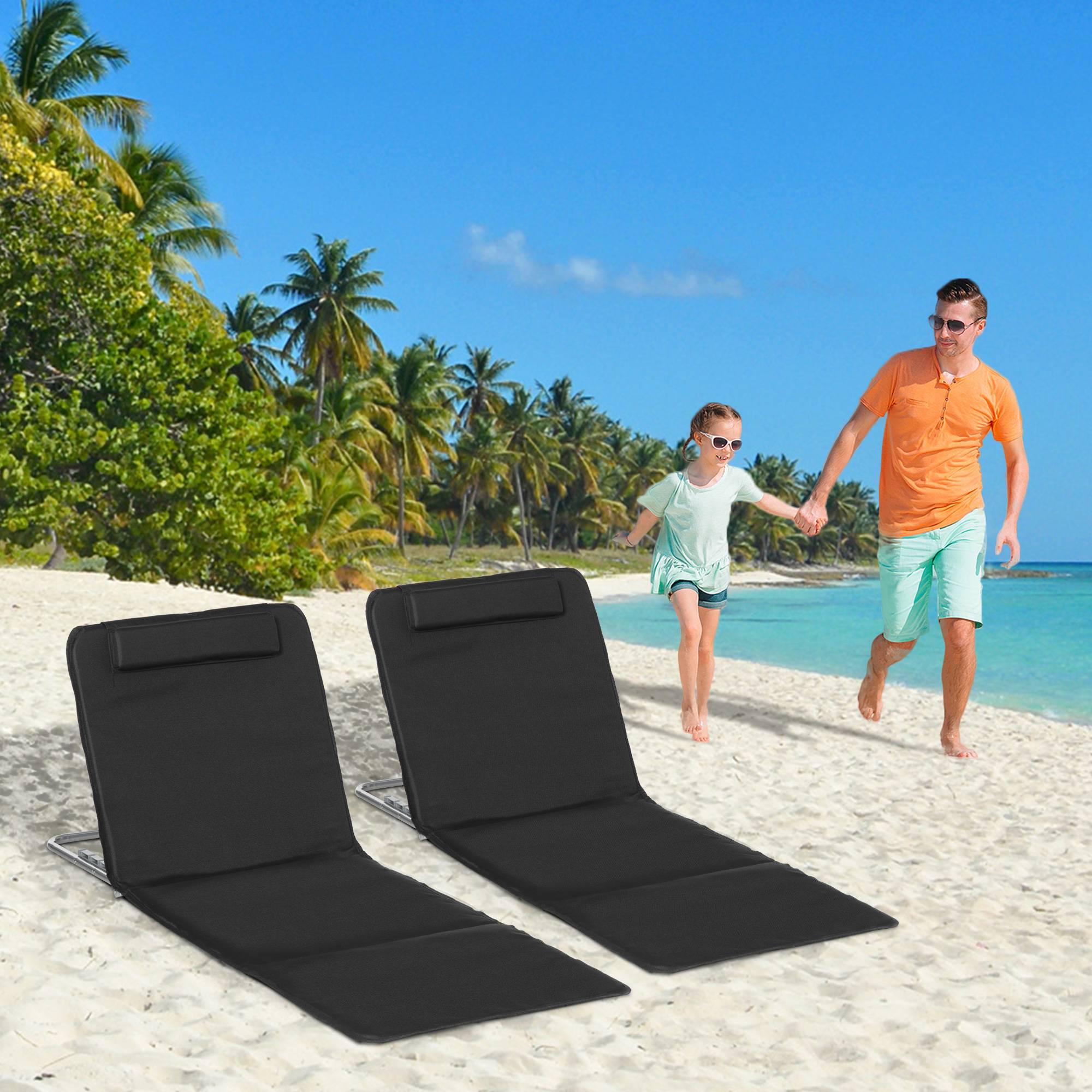 Outsunny - Lot de 2 tapis de plage rembourré - nattes de plage - dossier inclinable multi-positions - sac transport inclus - métal polyester PE noir - Outsunny - Imagen 2