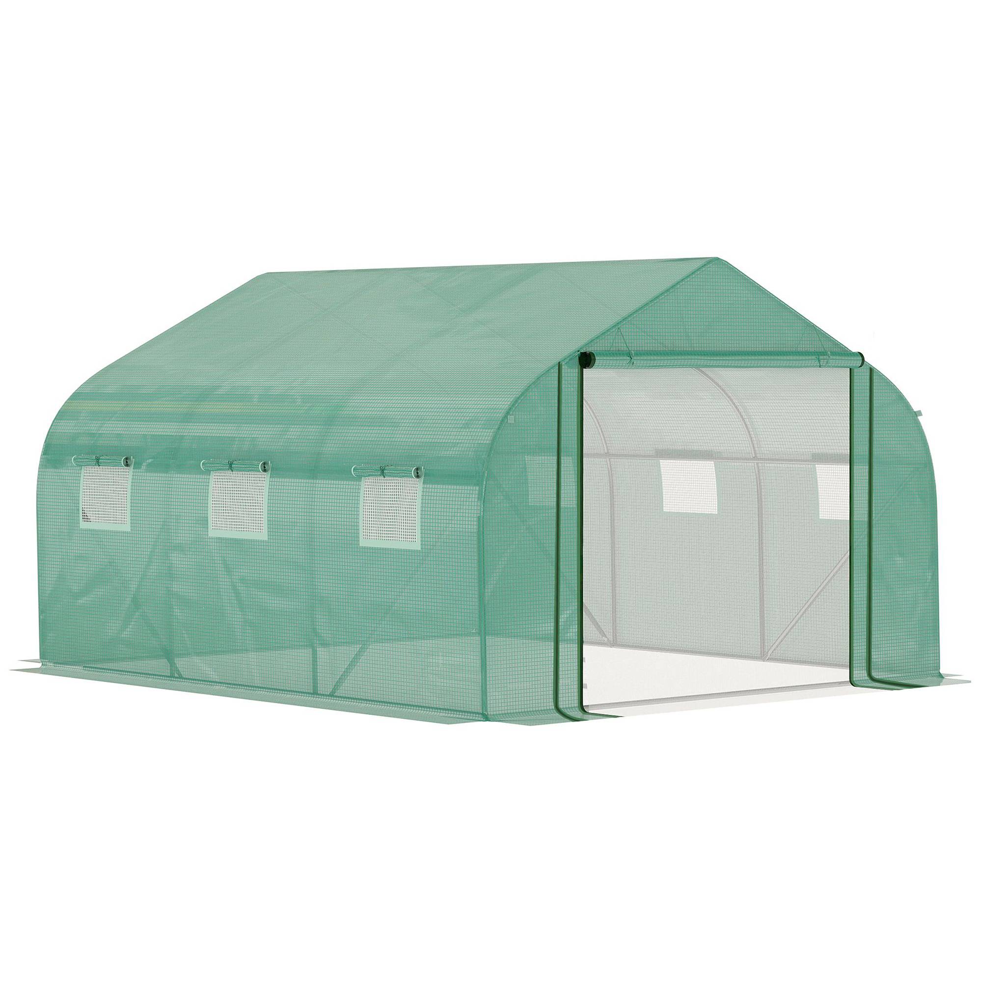Sans Marque - Serre Tunnel Jardin Grande 3,5x3x2 m 6 fenêtres porte zip enroulable acier galvanisé PE vert - Image 1