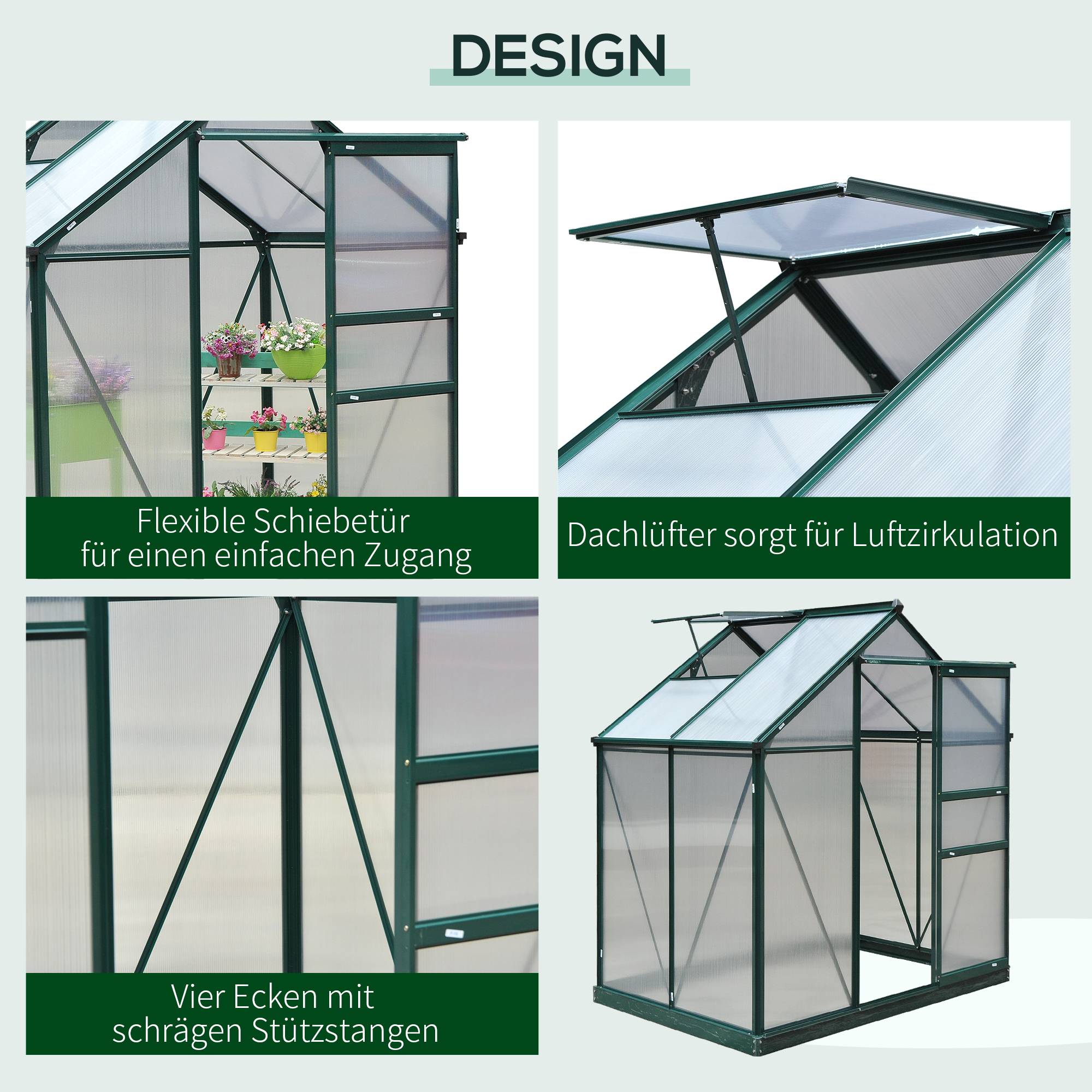 ComfortXL - Serre de jardin en aluminium et polycarbonate 190 x 132 x 201 cm verte avec lucarne pour légumes fleurs et herbes - Image 4