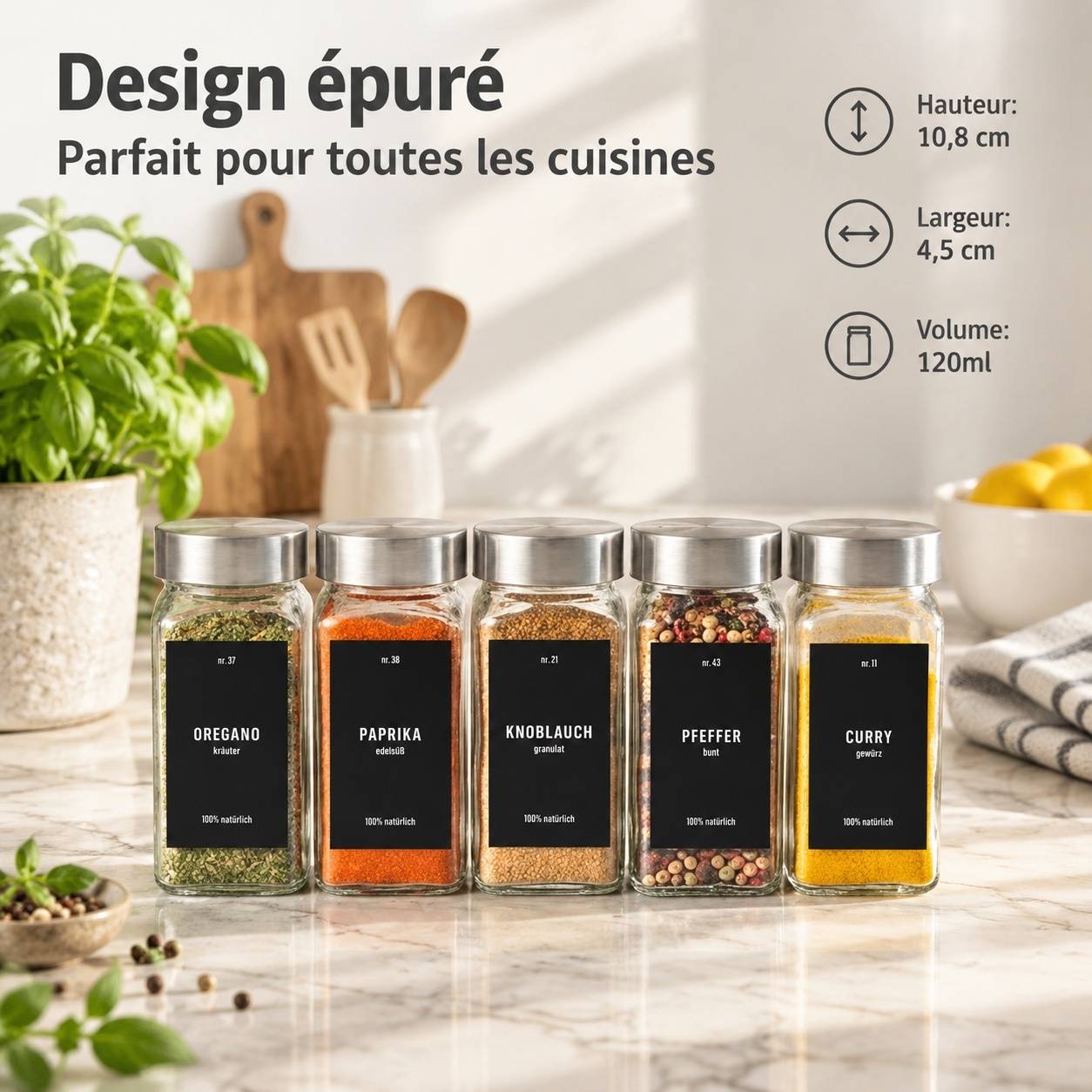 Set de 36 Pots à Épices en Verre avec Couvercles Acier Inoxydable et Gradués - Image 6