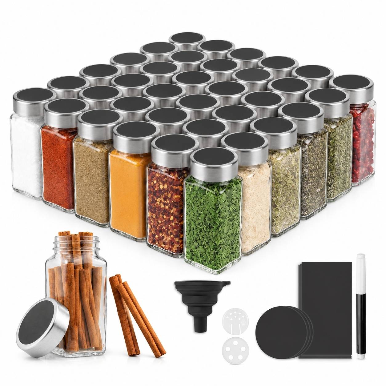 Set de 36 Pots à Épices en Verre avec Couvercles Acier Inoxydable et Gradués