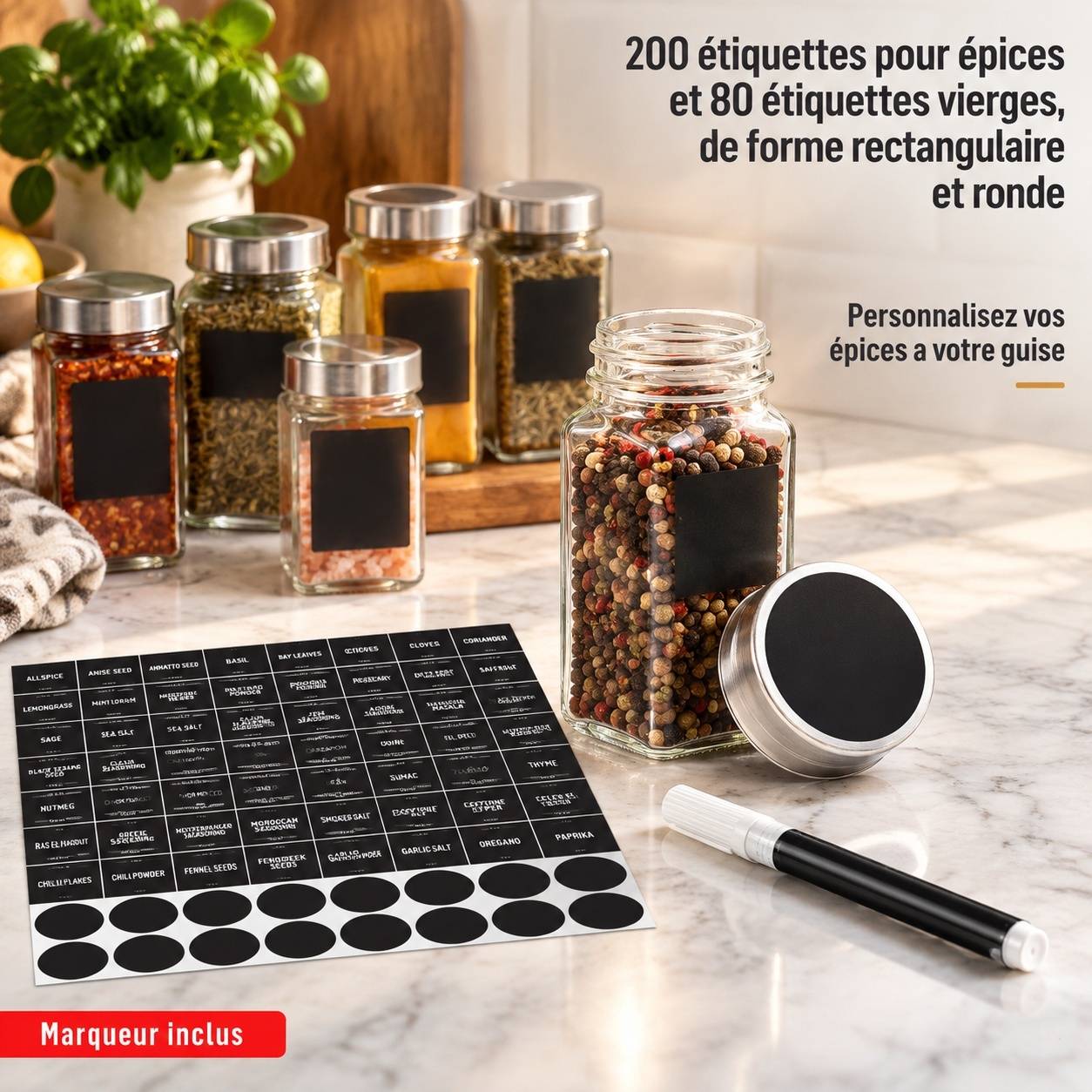 Set de 36 Pots à Épices en Verre avec Couvercles Acier Inoxydable et Gradués - Image 9