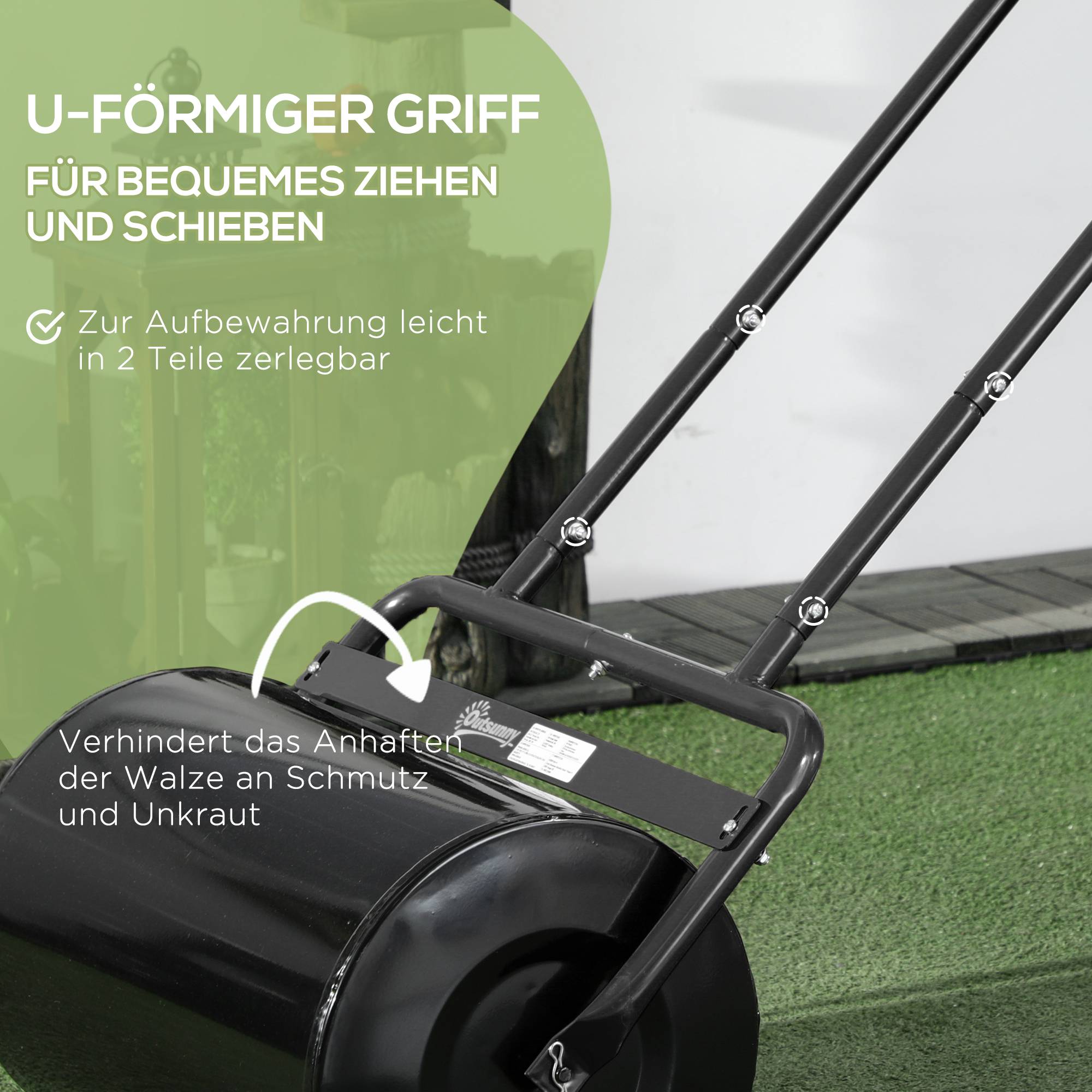 ComfortXL - Rouleau à gazon en acier 38 L Ø32 cm noir pour pelouse nivellement réglable jardin poignée en U jusqu’à 62 kg - Image 7