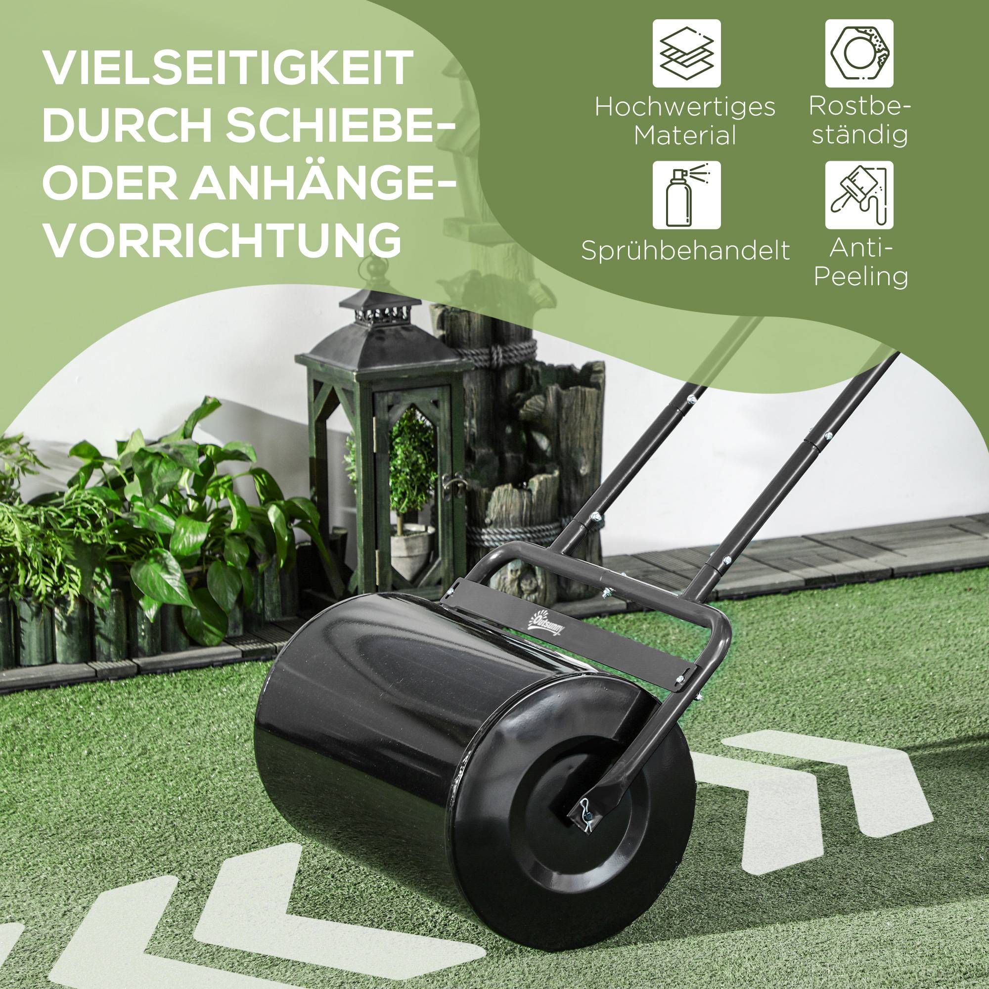 ComfortXL - Rouleau à gazon en acier 38 L Ø32 cm noir pour pelouse nivellement réglable jardin poignée en U jusqu’à 62 kg - Image 6