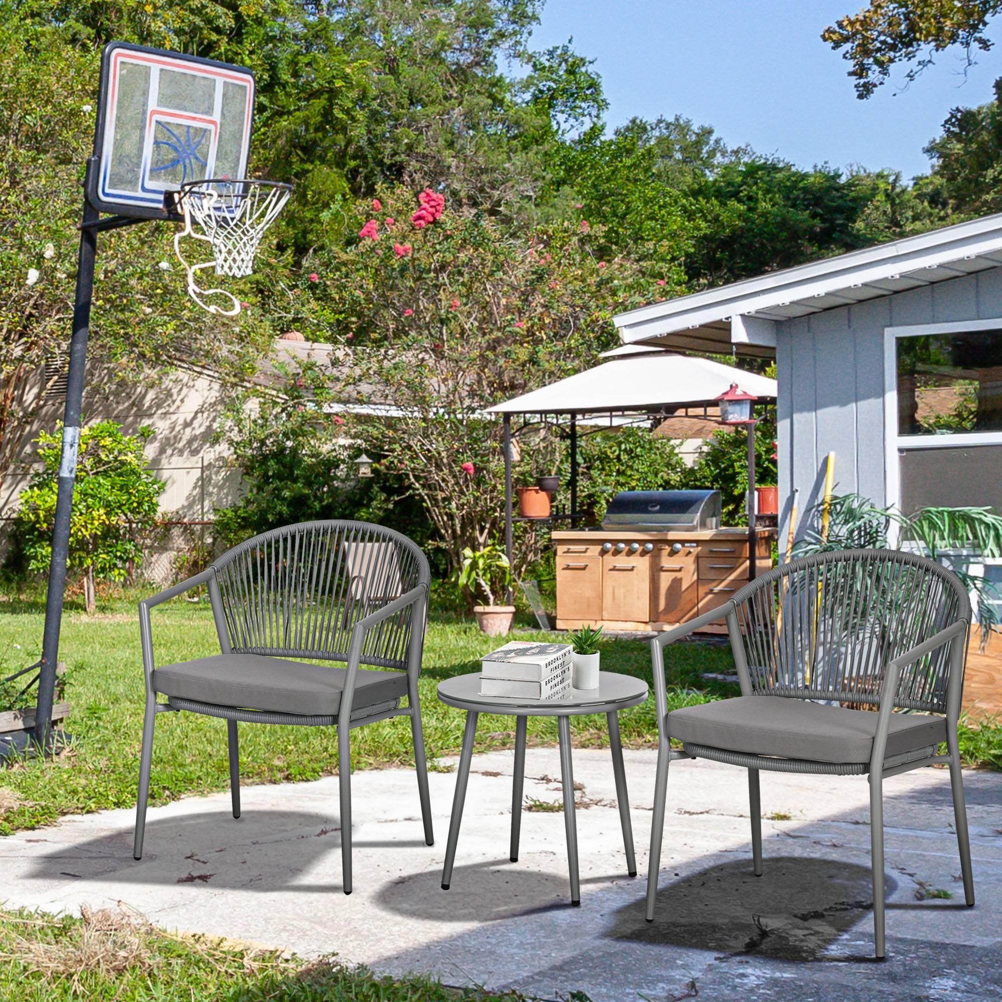 Sans Marque - Ensemble mobilier jardin 2 chaises 1 table verre aspect rotin intempéries métal gris - Image 4