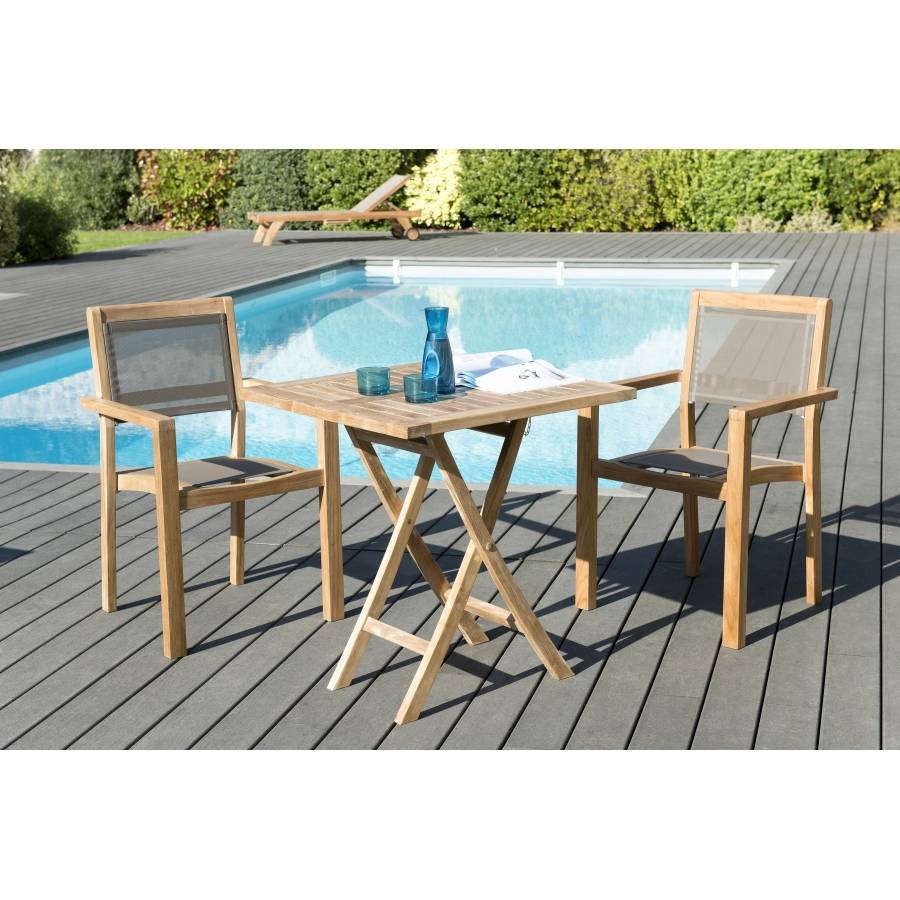 Macabane - HARRIS - SALON DE JARDIN EN BOIS TECK 2 pers - 1 Table carrée pliante 70 cm et 2 fauteuils empilables textilène - Imagen 2