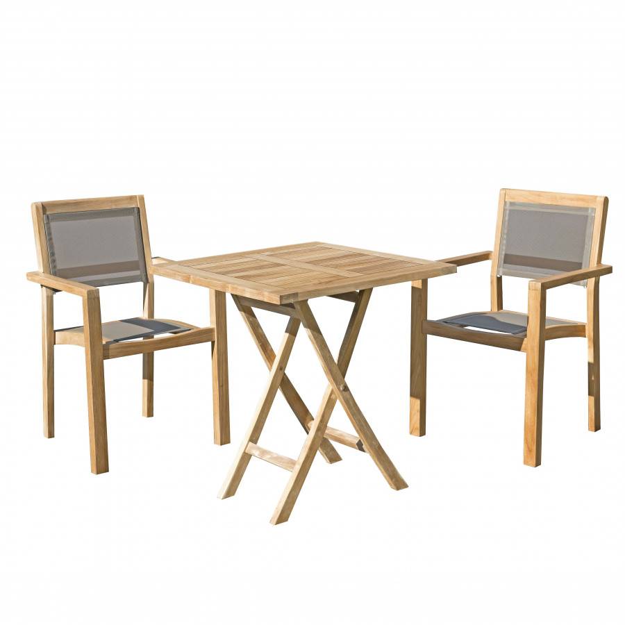 Macabane - HARRIS - SALON DE JARDIN EN BOIS TECK 2 pers - 1 Table carrée pliante 70 cm et 2 fauteuils empilables textilène - Imagen 1
