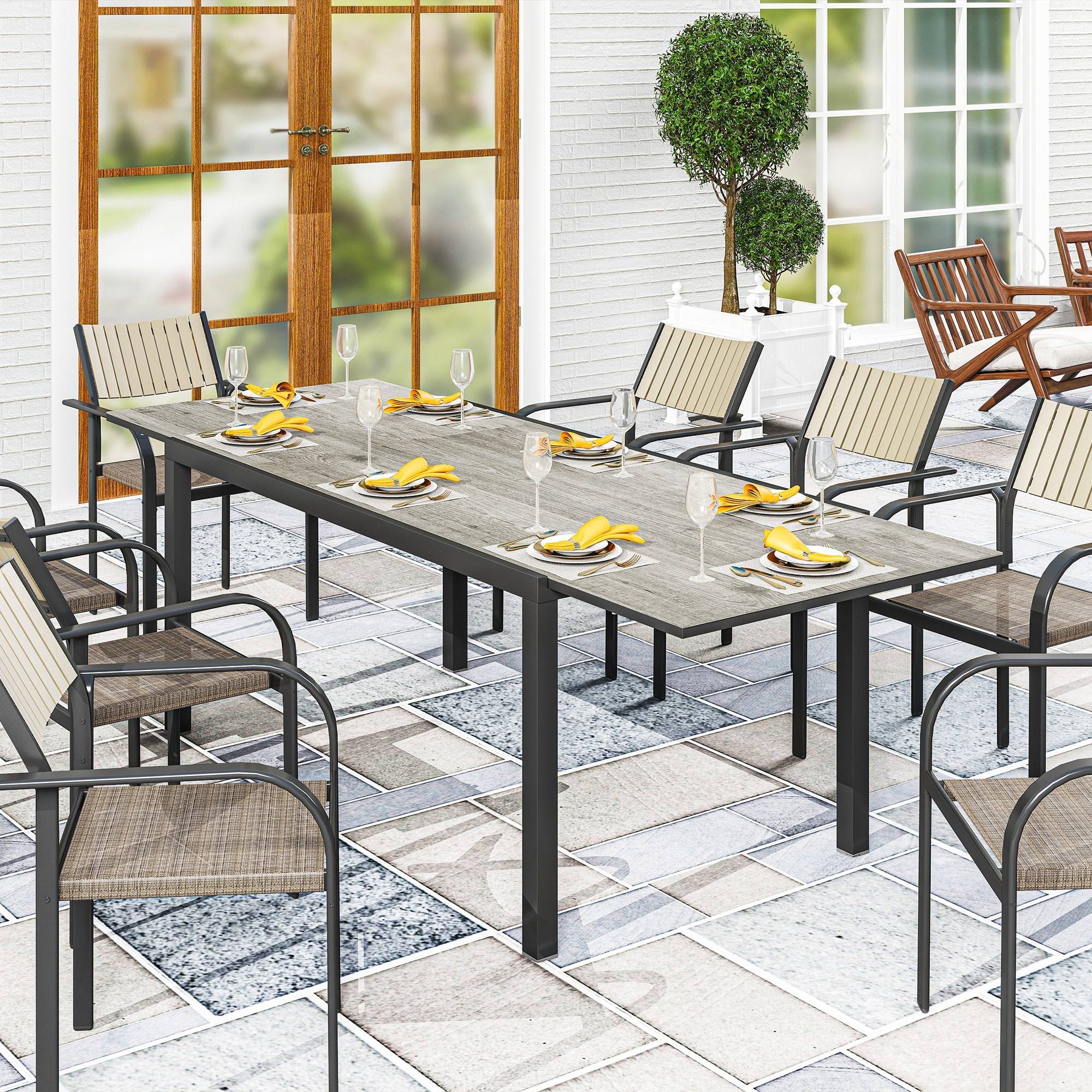 Table de jardin extensible acier plateau imitation bois pour 8 personnes 160-240cm gris - ComfortXL Outdoor Living - Image 3