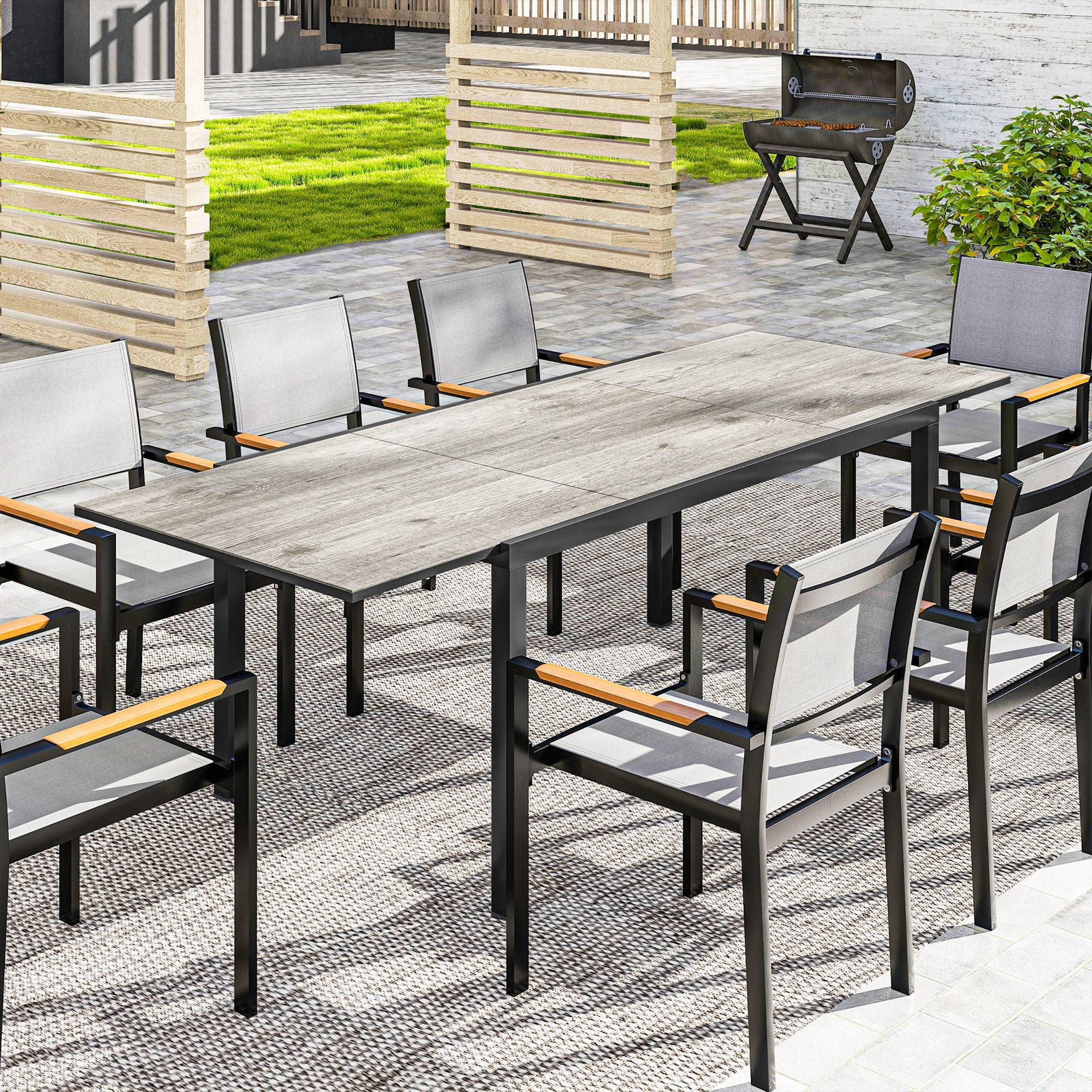 Table de jardin extensible acier plateau imitation bois pour 8 personnes 160-240cm gris - ComfortXL Outdoor Living - Image 4