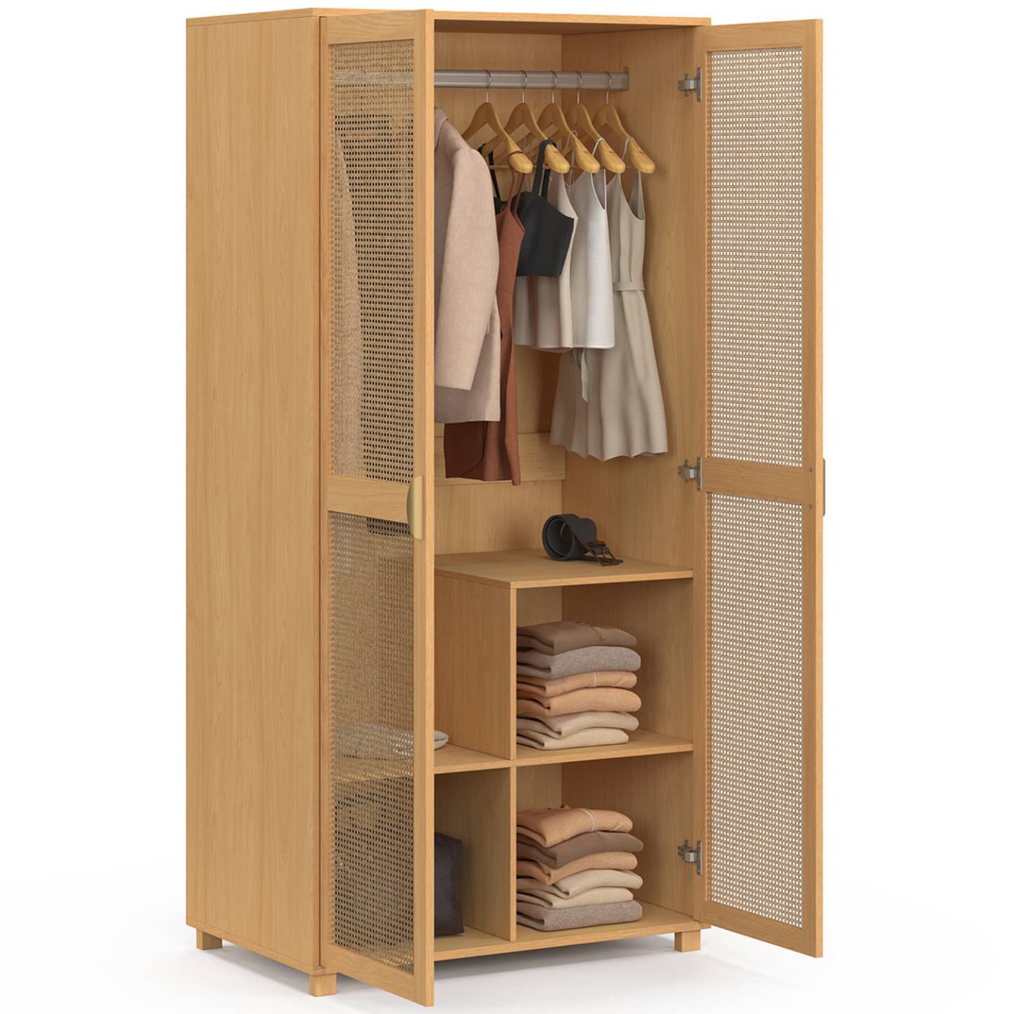 Armoire 2 portes EDHEN bois et cannage penderie 80 cm avec étagères rangement - Image 4