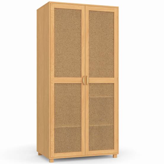 Armoire 2 portes EDHEN bois et cannage penderie 80 cm avec étagères rangement - Image 2