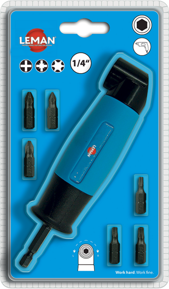 RENVOI D'ANGLE 90° POUR VISSEUSE + 6 EMBOUTS PH2 - PZ1 - PZ2 - T15 - T20 - T25 - 56007 - LEMAN - Imagen 2