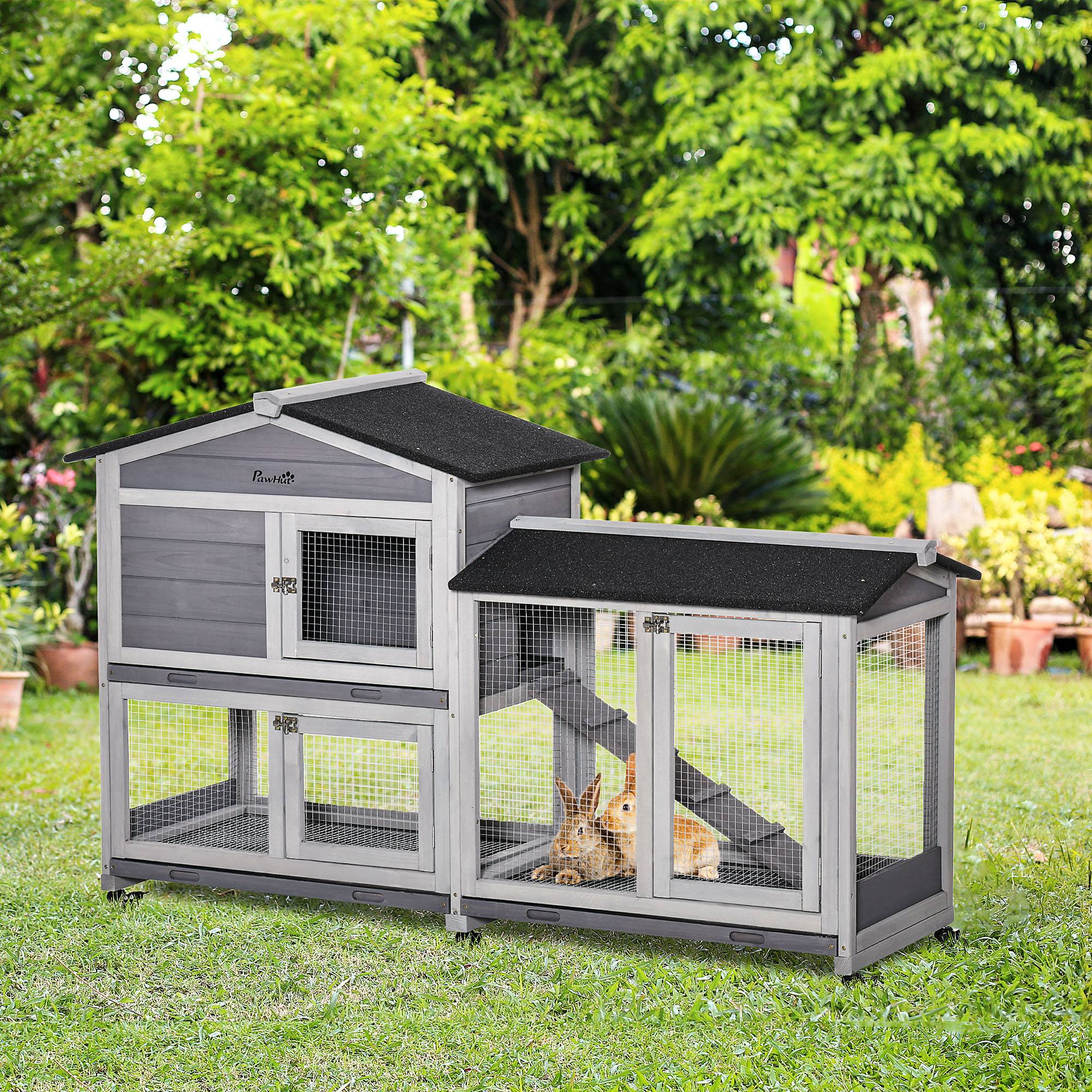 Grande villa clapier bois extérieur sur roulettes 2 étages 3 plateaux gris - ComfortXL Outdoor Living - Image 3