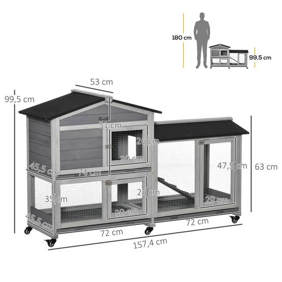 Grande villa clapier bois extérieur sur roulettes 2 étages 3 plateaux gris - ComfortXL Outdoor Living - Image 5