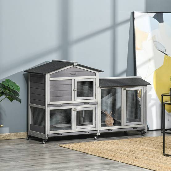 Grande villa clapier bois extérieur sur roulettes 2 étages 3 plateaux gris - ComfortXL Outdoor Living - Image 4