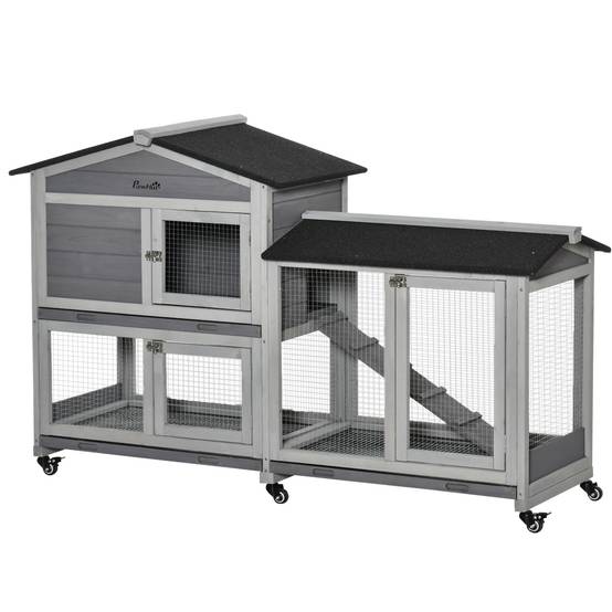 Grande villa clapier bois extérieur sur roulettes 2 étages 3 plateaux gris - ComfortXL Outdoor Living - Image 1
