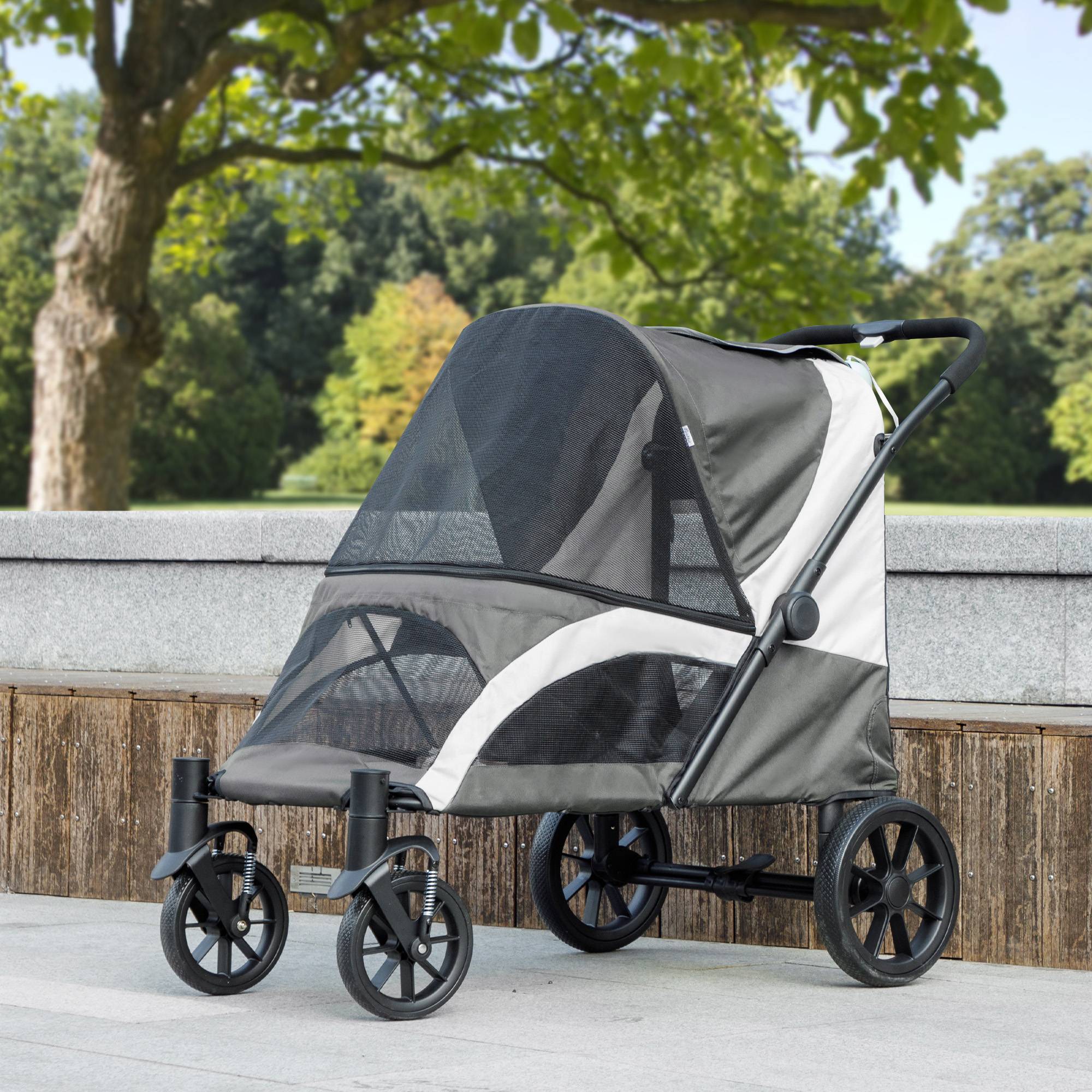 Sans Marque - Poussette chien pliable taille moyenne 4 roues laisses sécurité freins gris foncé - Image 4