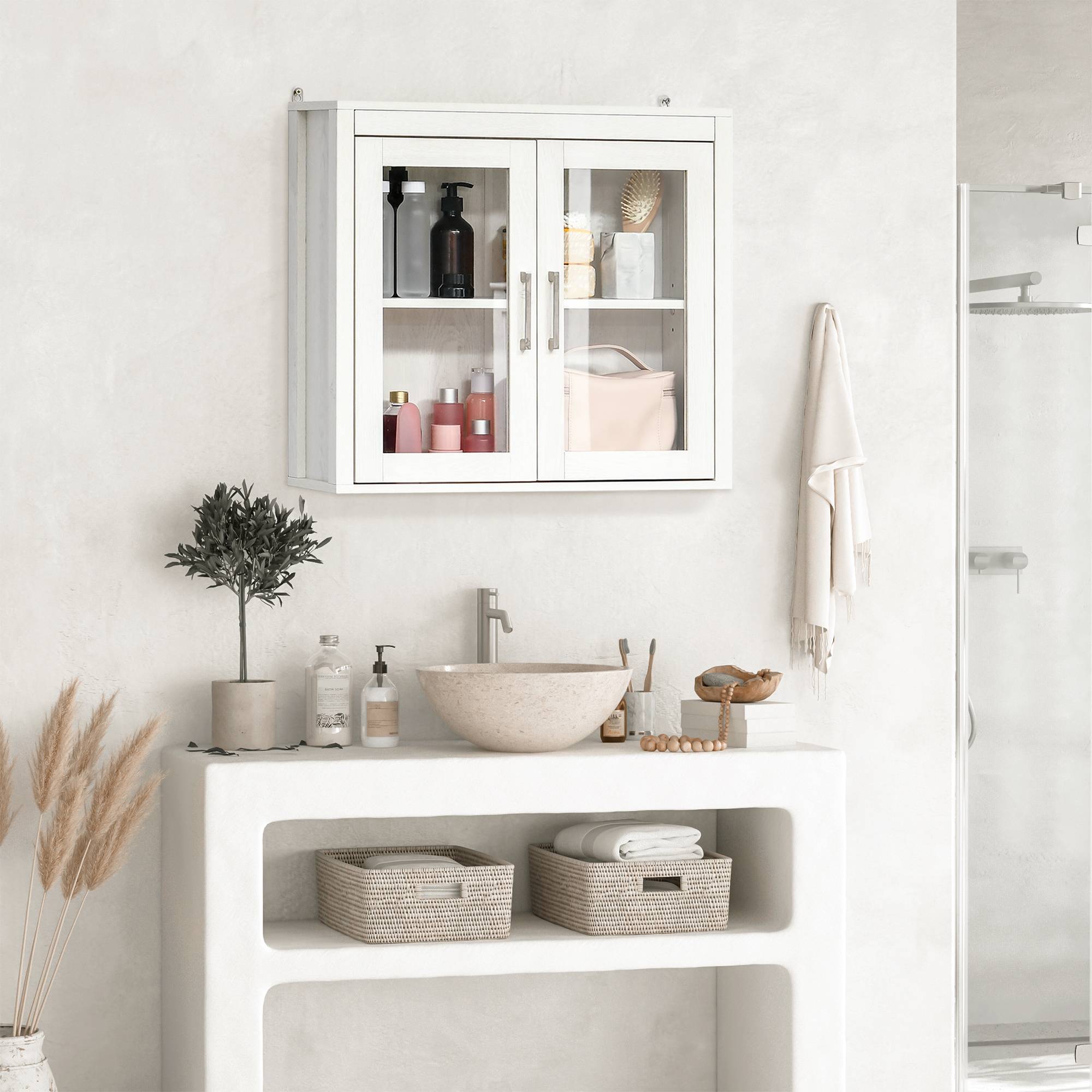 Sans Marque - Meuble salle bain mural portes vitrées étagère réglable mobilier suspendu moderne 60x19,5x54 cm blanc - Image 3