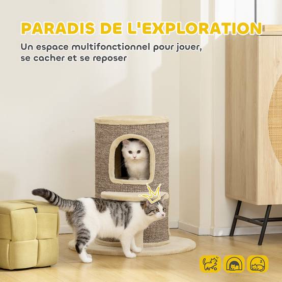 Tonneau griffoir chat sisal peluche 2 niveaux plateforme jeu 60x60x61cm beige - ComfortXL Outdoor Living - Image 6