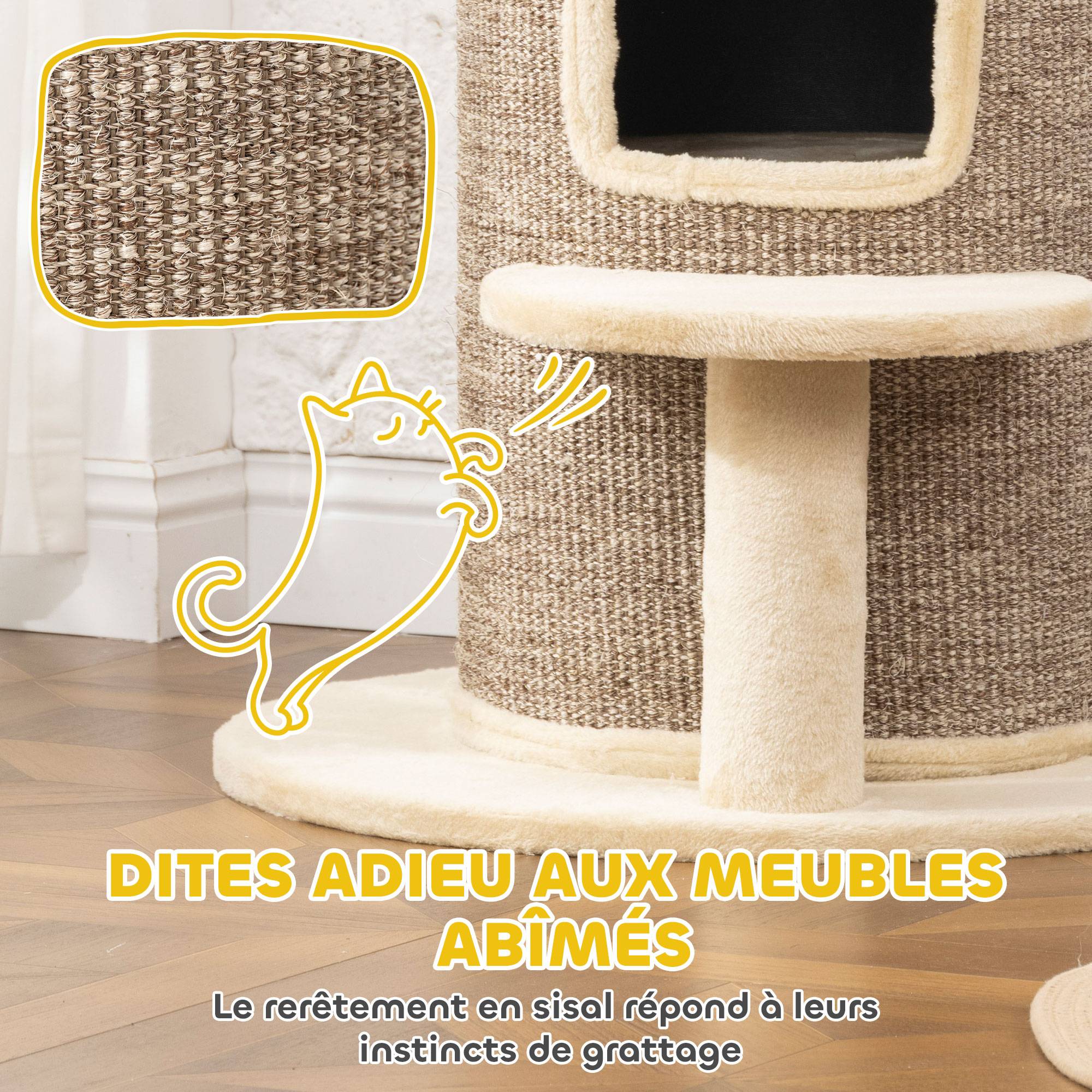Tonneau griffoir chat sisal peluche 2 niveaux plateforme jeu 60x60x61cm beige - ComfortXL Outdoor Living - Image 7