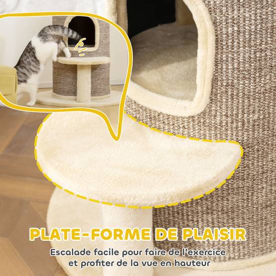 Tonneau griffoir chat sisal peluche 2 niveaux plateforme jeu 60x60x61cm beige - ComfortXL Outdoor Living - Image 9