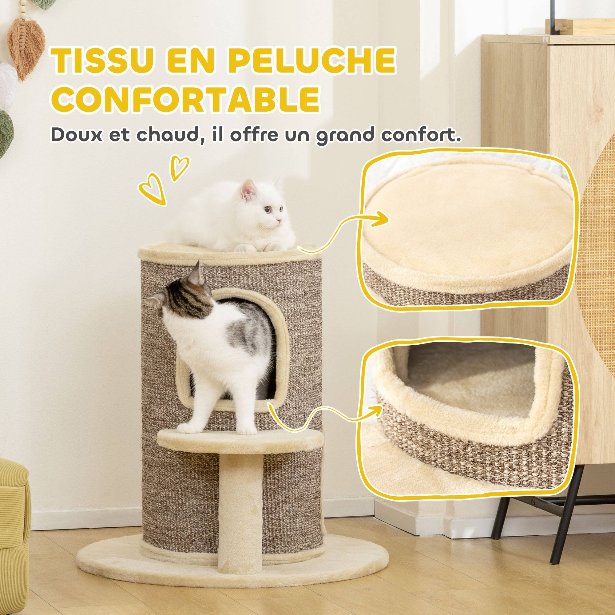 Tonneau griffoir chat sisal peluche 2 niveaux plateforme jeu 60x60x61cm beige - ComfortXL Outdoor Living - Image 8