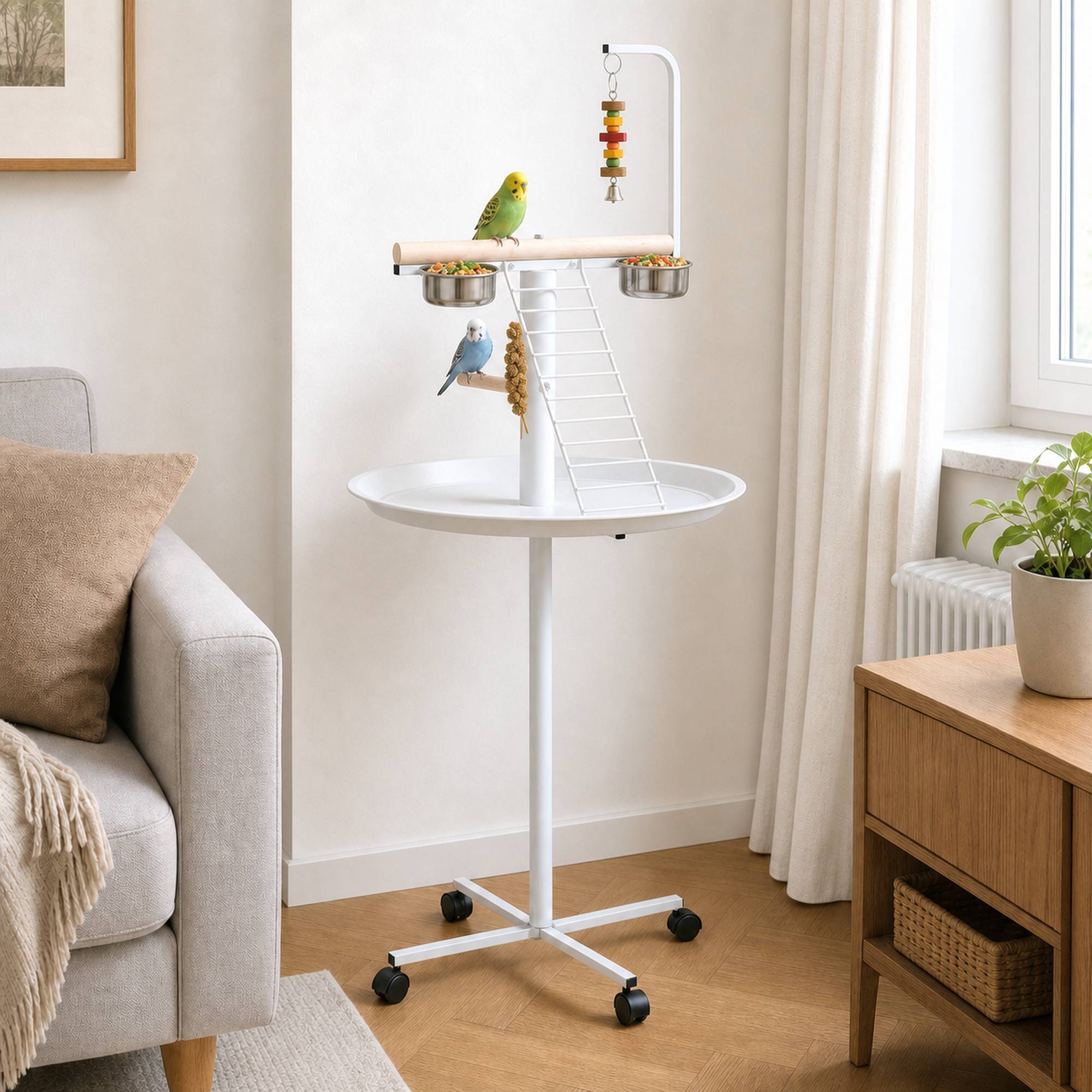 Sans Marque - Mangeoire à oiseaux sur pied Ø60x138 cm avec 4 roues, 2 bols en acier inoxydable et 2 perchoirs, blanche - Image 3