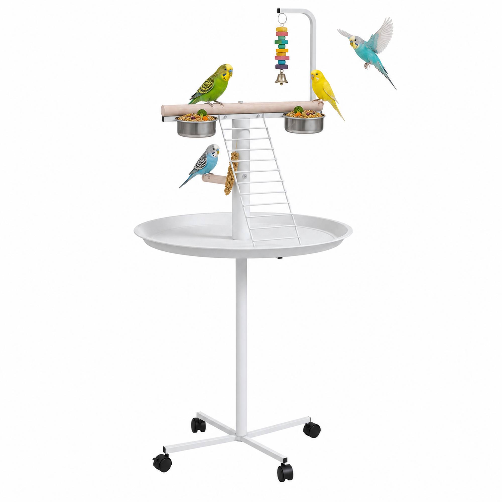Sans Marque - Mangeoire à oiseaux sur pied Ø60x138 cm avec 4 roues, 2 bols en acier inoxydable et 2 perchoirs, blanche - Image 1