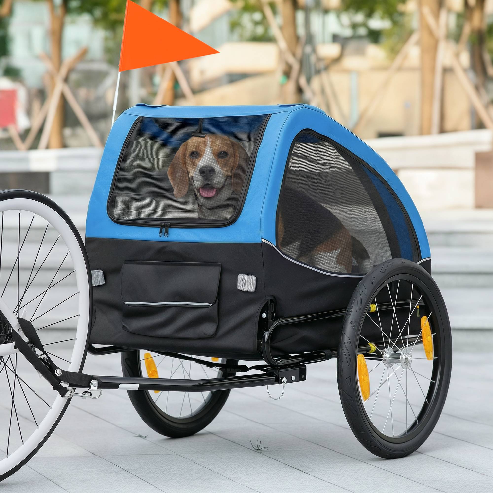 Remorque chien pliable, réflecteurs, fenêtres mesh, roues, porte, drapeau, chiens 20 kg, 138x70x89 cm, bleu - Image 4