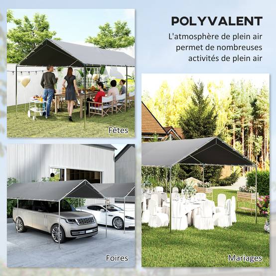 Carport Voiture Acier Extérieur Bâche Imperméable Double Pans 6x3m Gris - ComfortXL Outdoor Living - Image 9