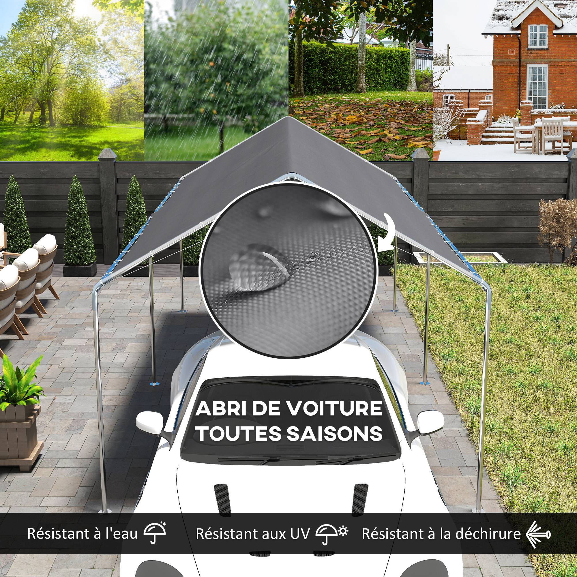 Carport Voiture Acier Extérieur Bâche Imperméable Double Pans 6x3m Gris - ComfortXL Outdoor Living - Image 6