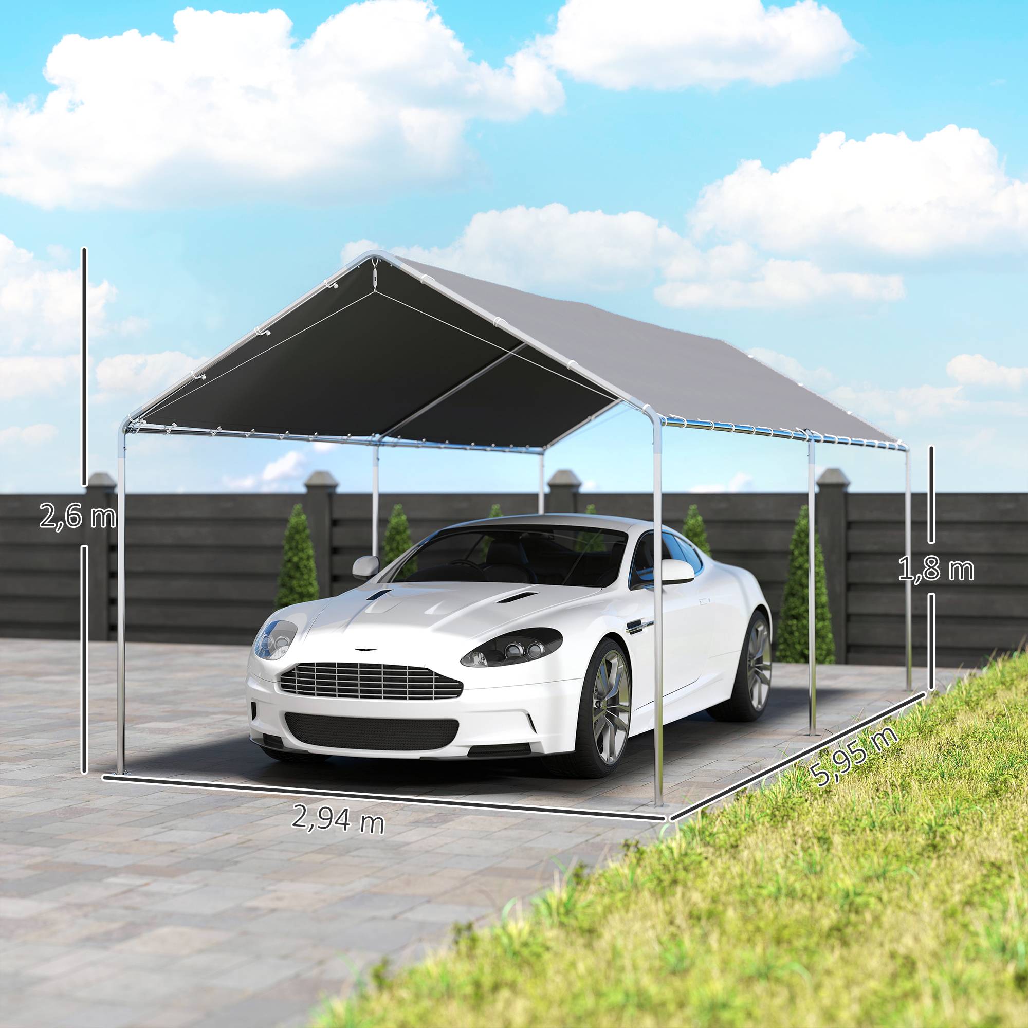 Carport Voiture Acier Extérieur Bâche Imperméable Double Pans 6x3m Gris - ComfortXL Outdoor Living - Image 5
