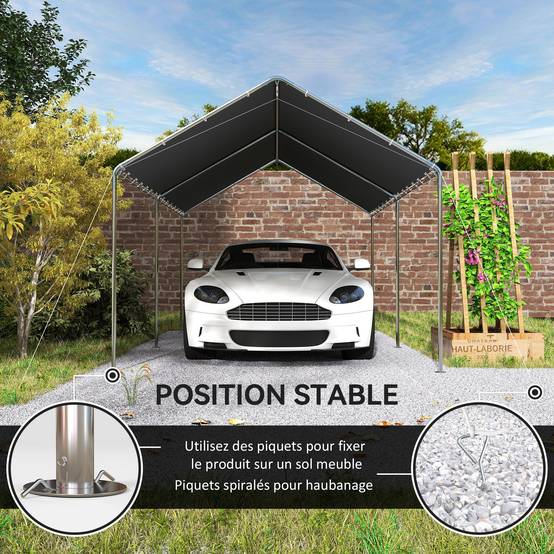 Carport Voiture Acier Extérieur Bâche Imperméable Double Pans 6x3m Gris - ComfortXL Outdoor Living - Image 8