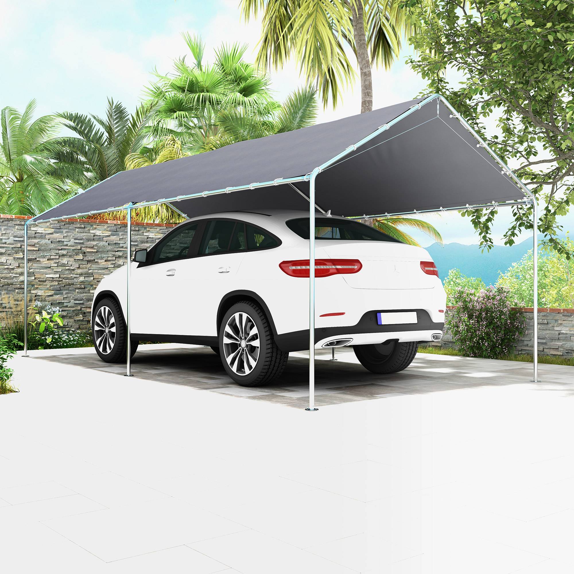 Carport Voiture Acier Extérieur Bâche Imperméable Double Pans 6x3m Gris - ComfortXL Outdoor Living - Image 4