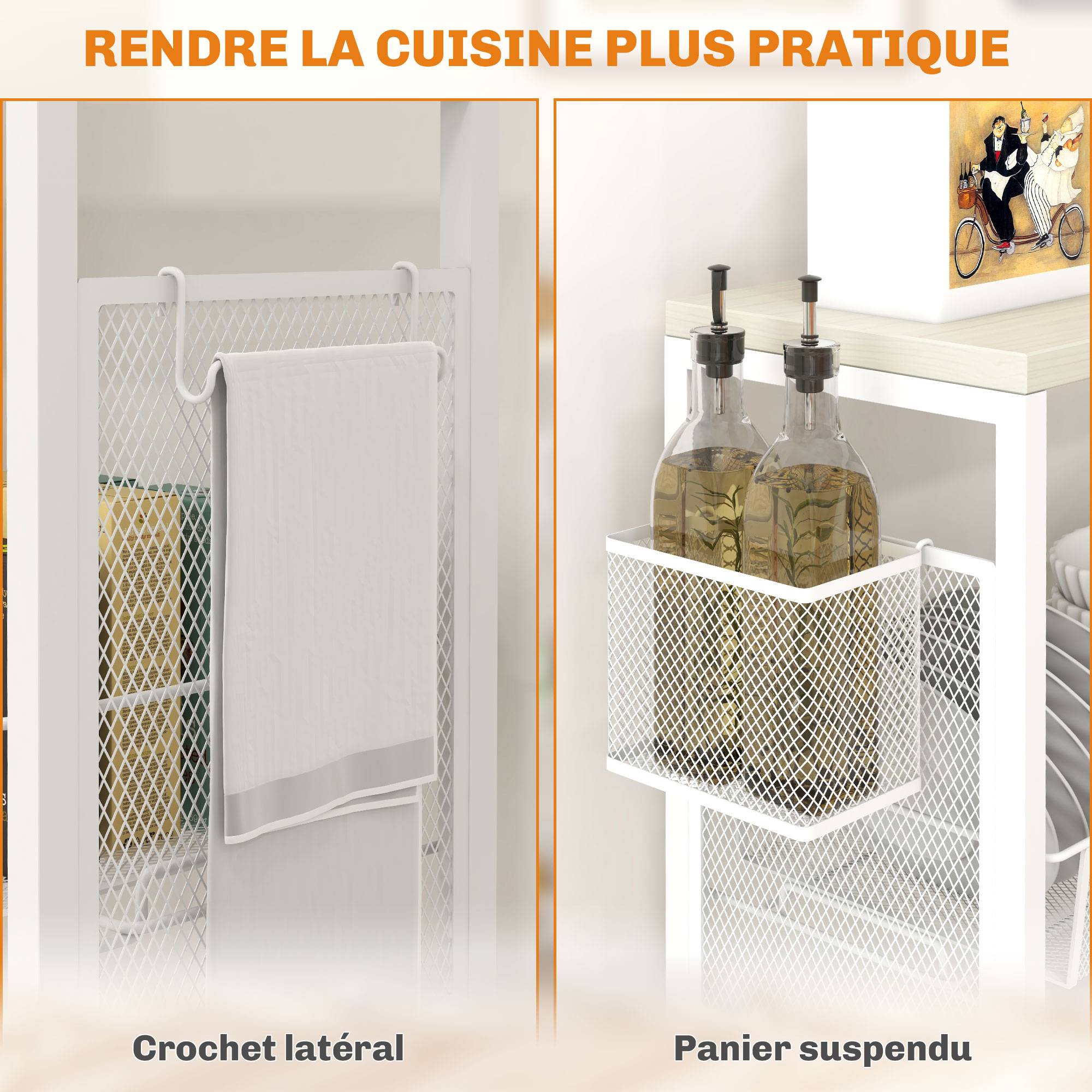 Desserte de cuisine à roulettes, chariot de rangement 3 panier, 1 panier suspendu et crochets, 58 x 18,5 x 87 cm, blanc - Image 7