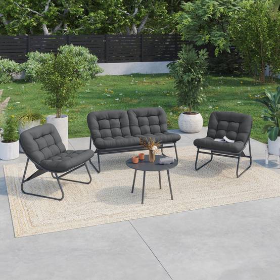 Salon de jardin bas ARONA 4 places en acier gris anthracite et coussins gris avec canapé, fauteuils et table - Image 1