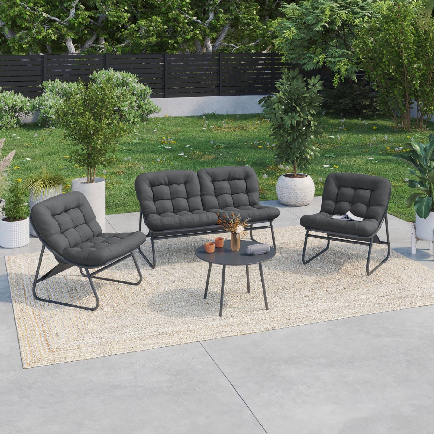 Salon de jardin bas ARONA 4 places en acier gris anthracite et coussins gris avec canapé, fauteuils et table - Image 1