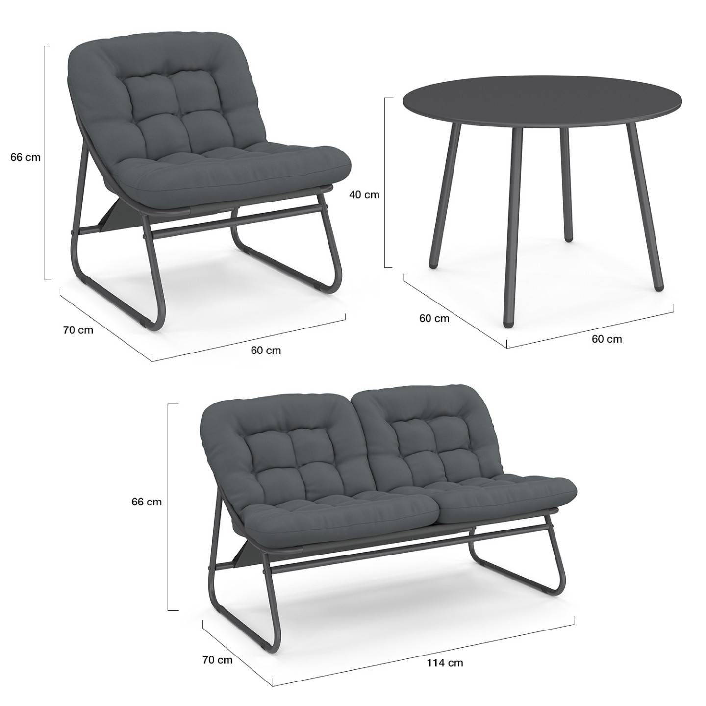 Salon de jardin bas ARONA 4 places en acier gris anthracite et coussins gris avec canapé, fauteuils et table - Image 6
