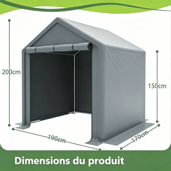 Carport garage à vélos 190×170×200 cm, bâche étanche anti-UV, acier galvanisé gris - Image 2