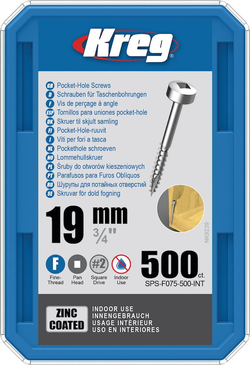 Vis à trous de poche Kreg Revêtu de Zinc Pan-Head, Filetage fin - KREG - SSPS-F075-500-INT