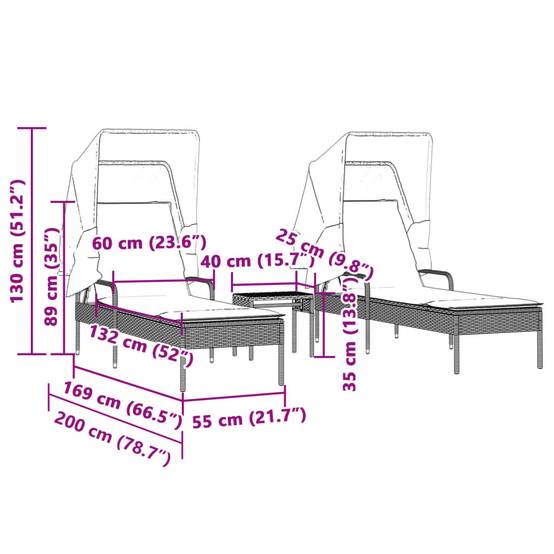 2 Lits de Soleil Auvent Intégré Résine Grise Table Basse Coussin Gris Foncé – ComfortXL Outdoor Living - Image 10