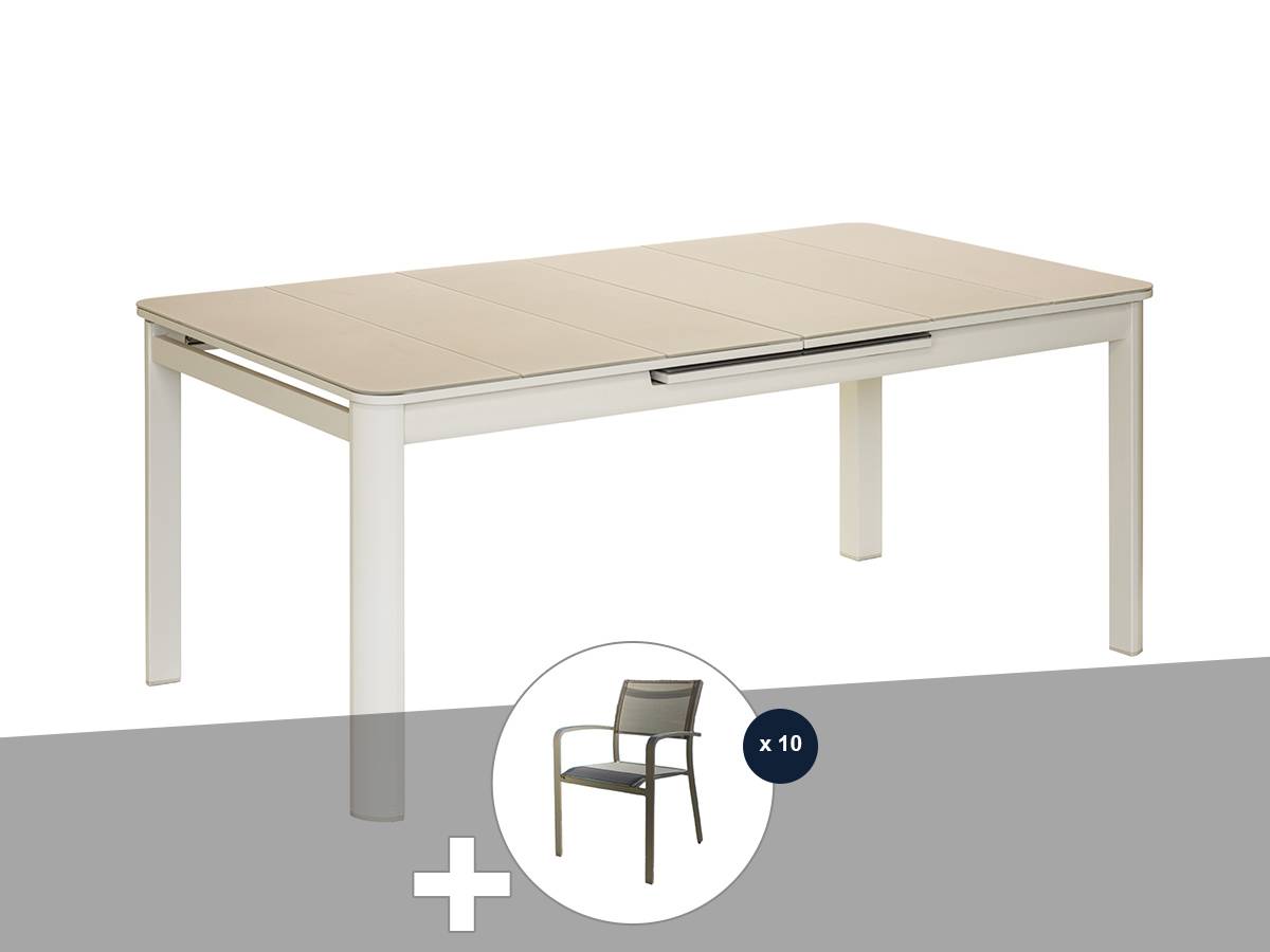 Table de jardin rectangulaire extensible en aluminium Milos Ivoire 8/10 places + 10 chaises - Jardiline - Imagen 1