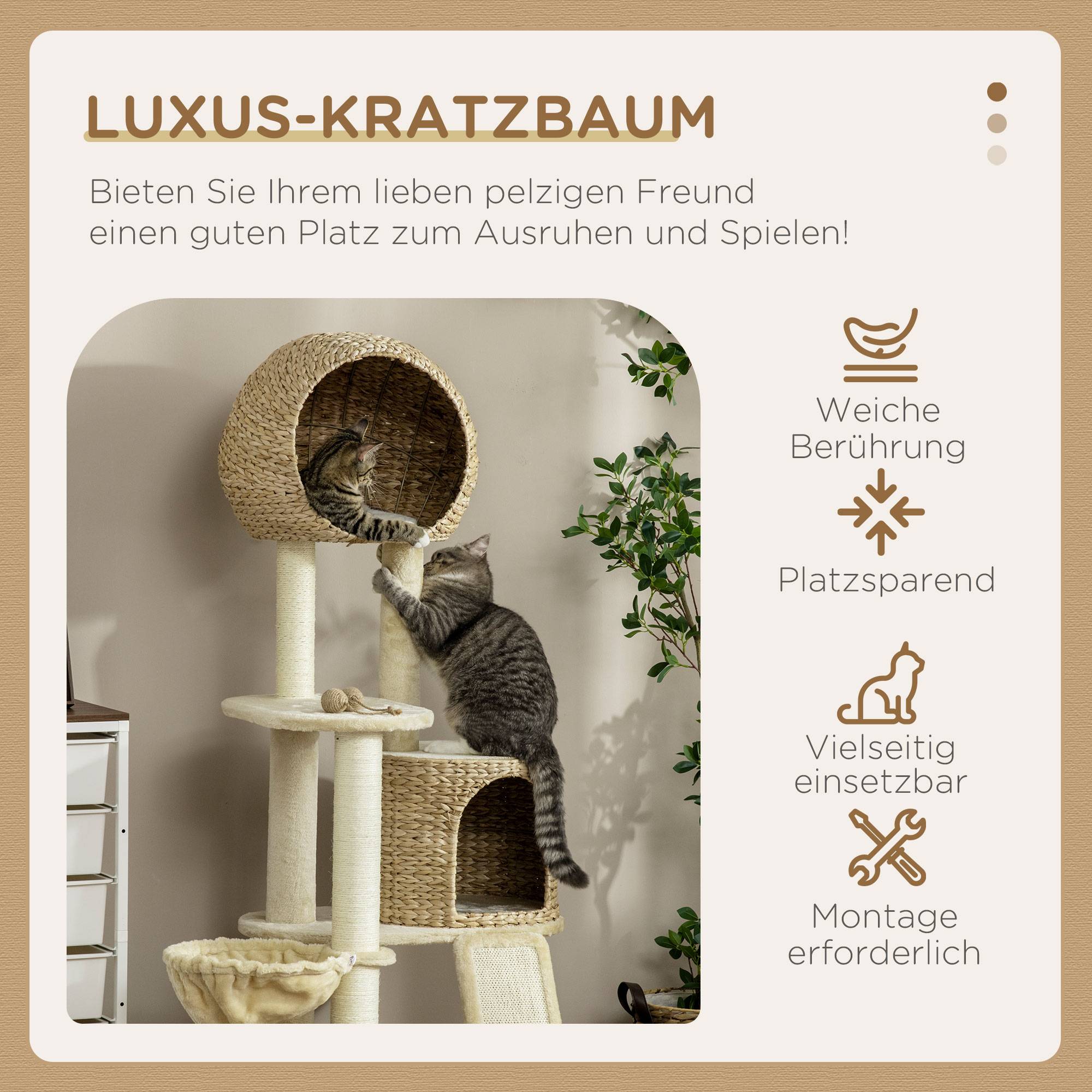 Arbre à chat en rotin avec maison, plusieurs plateformes, hamac rampe anti-basculement beige 60x60x150cm - Image 6