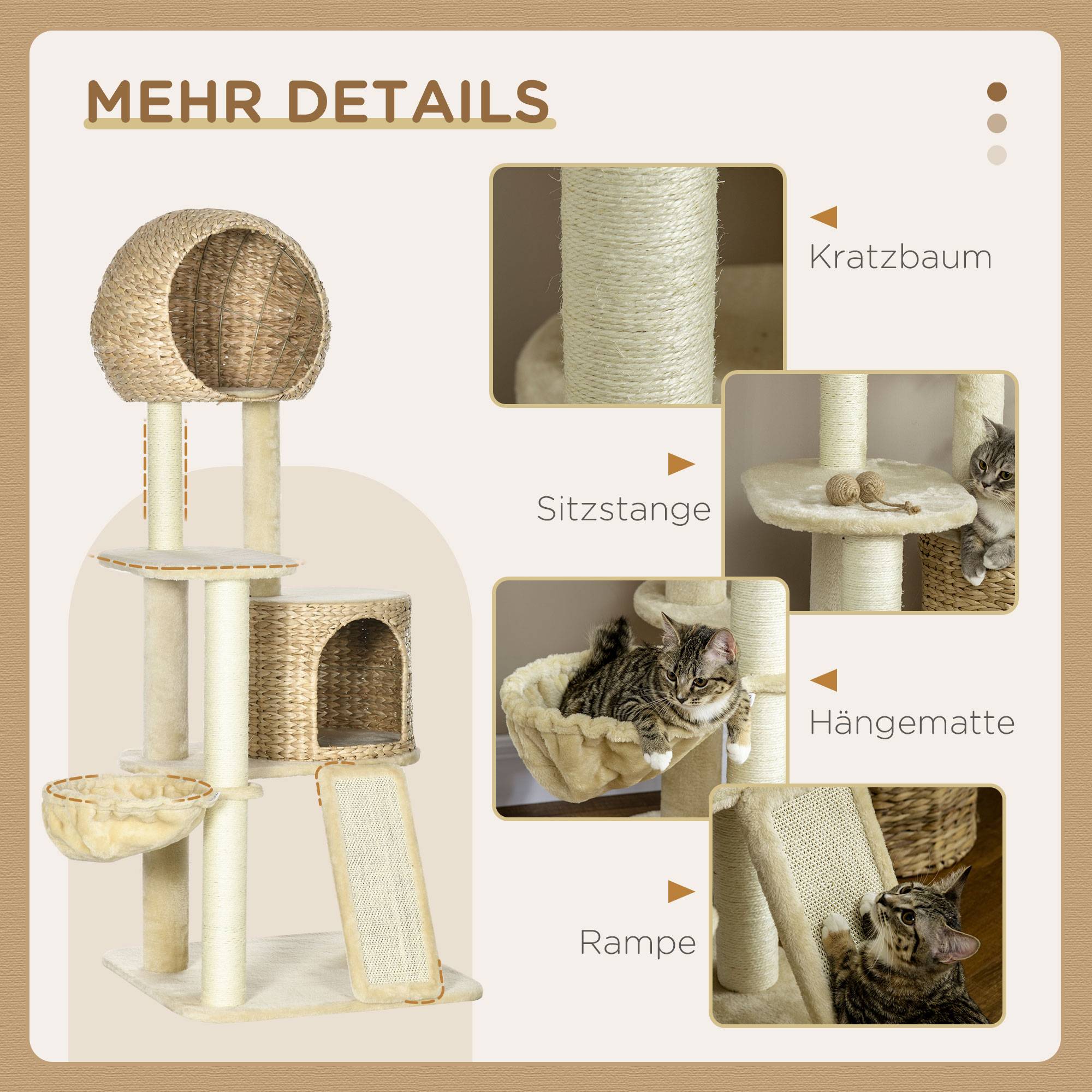 Arbre à chat en rotin avec maison, plusieurs plateformes, hamac rampe anti-basculement beige 60x60x150cm - Image 5