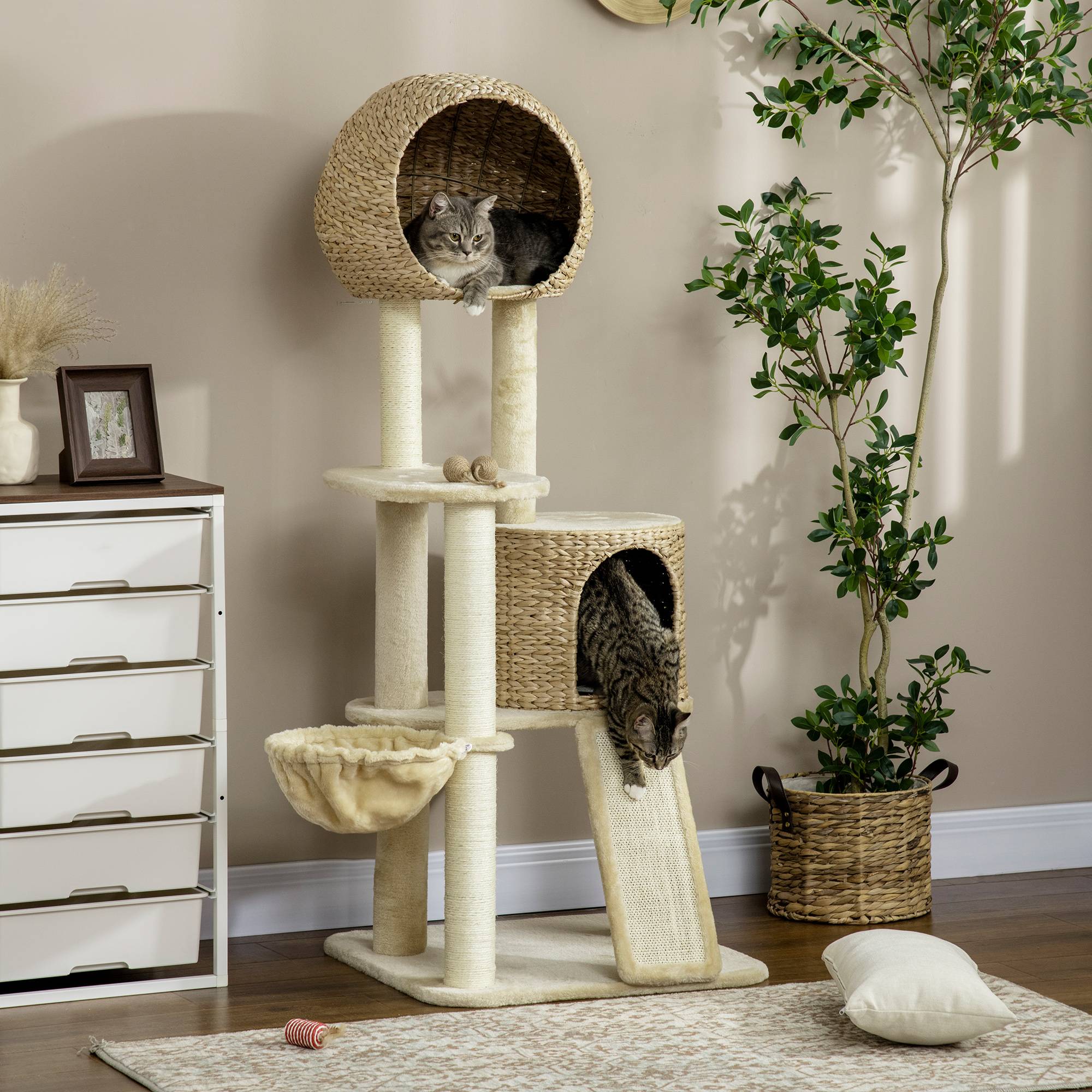 Arbre à chat en rotin avec maison, plusieurs plateformes, hamac rampe anti-basculement beige 60x60x150cm - Image 2